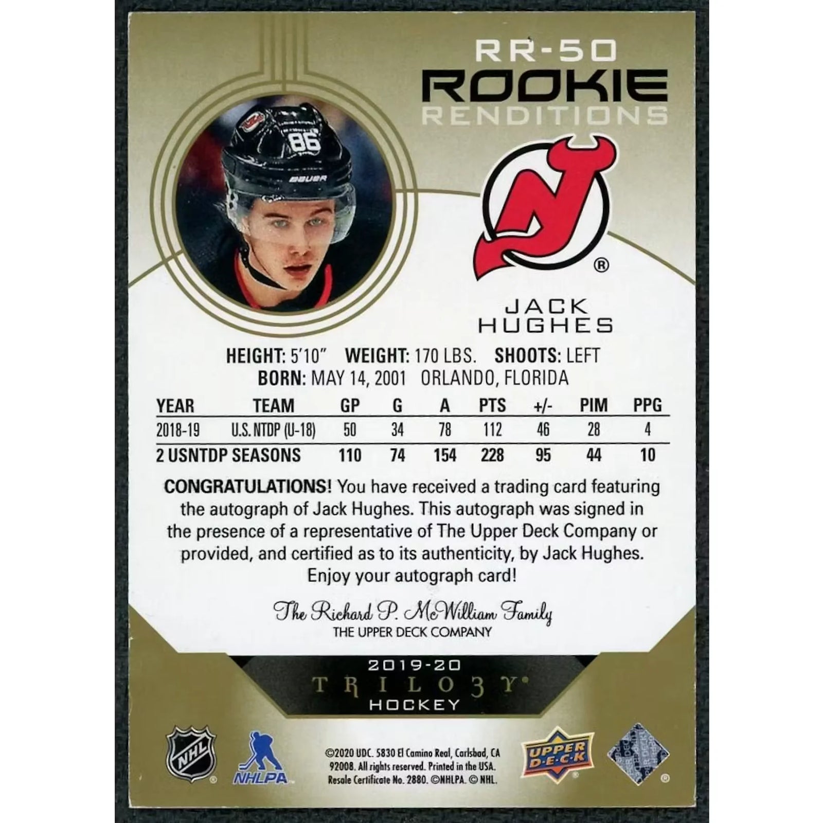 Jack Hughes Signed 2019-20 Upper Deck Trilogy Rookie Renditions Card