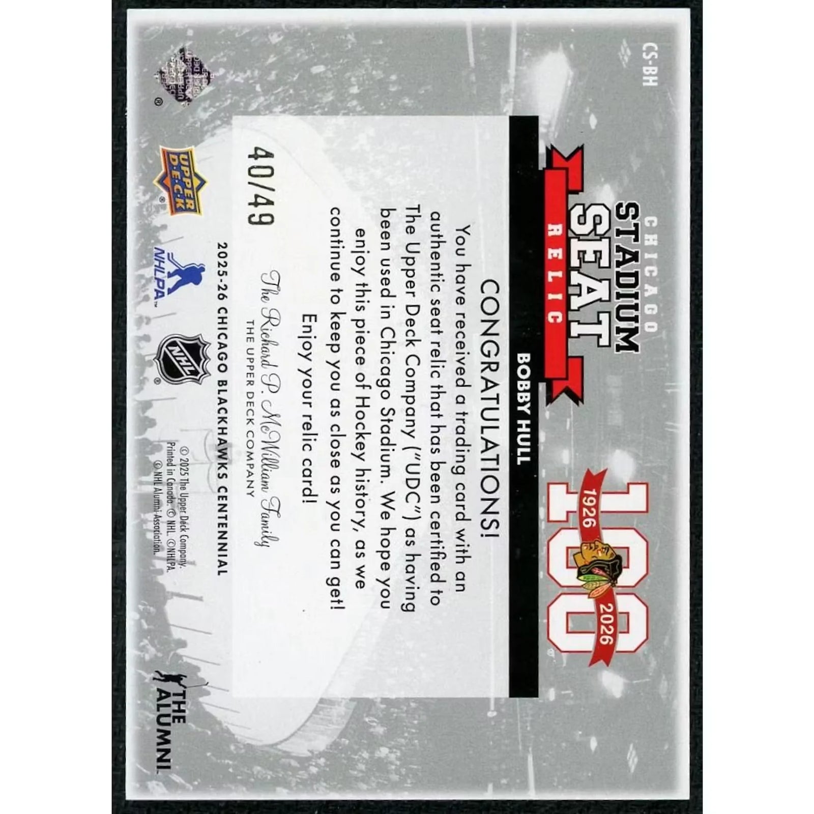 Bobby Hull Signed Seat Relic Card | 2025-26 Upper Deck Blackhawks Centennial/49