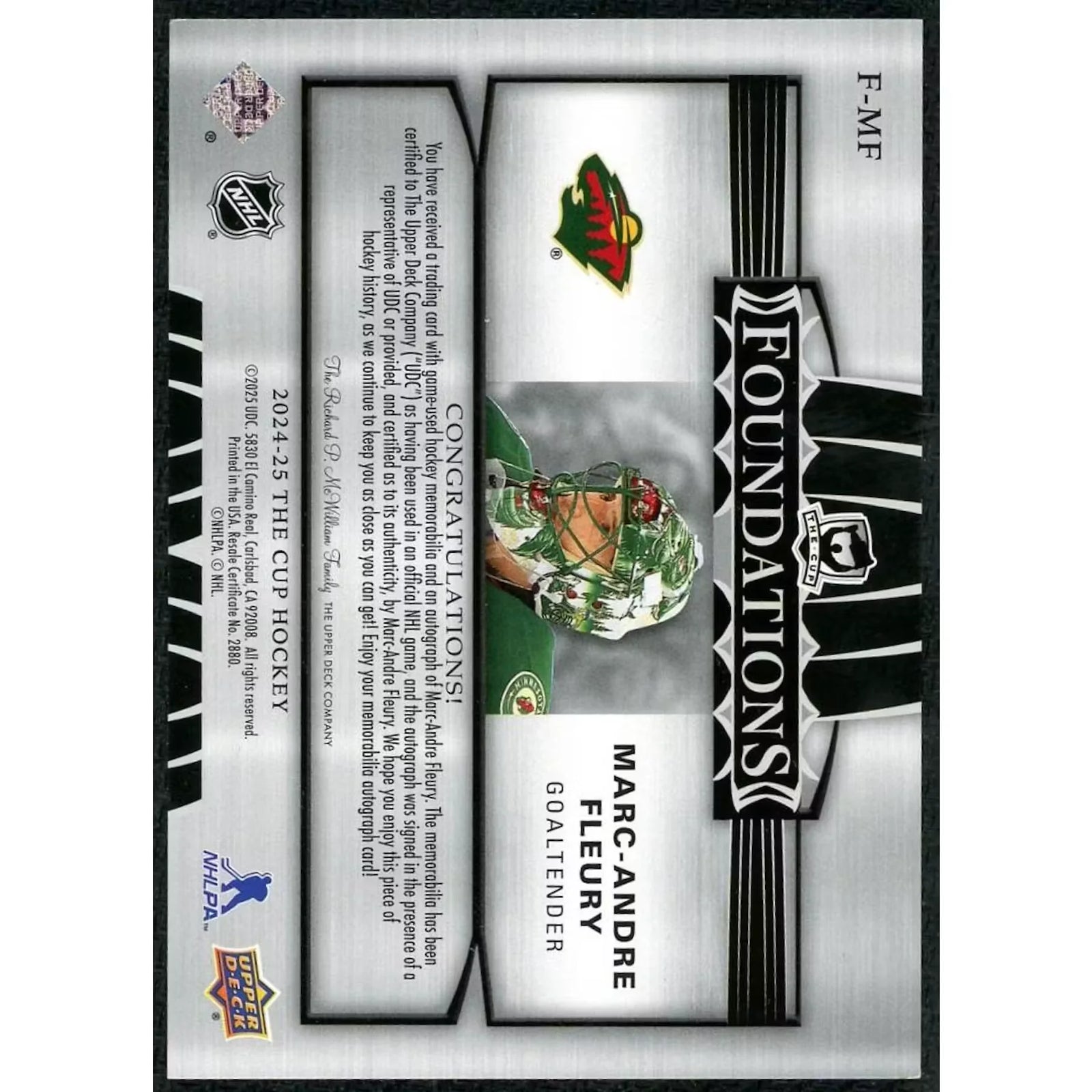 Marc-Andre Fleury Signed 2024-25 Upper Deck The Cup Card | Foundations Patch Auto/15