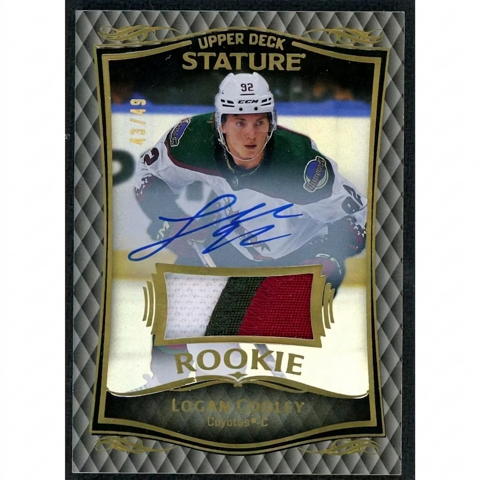 Logan Cooley Signed Patch Auto Card | 2023-24 Upper Deck Stature/49
