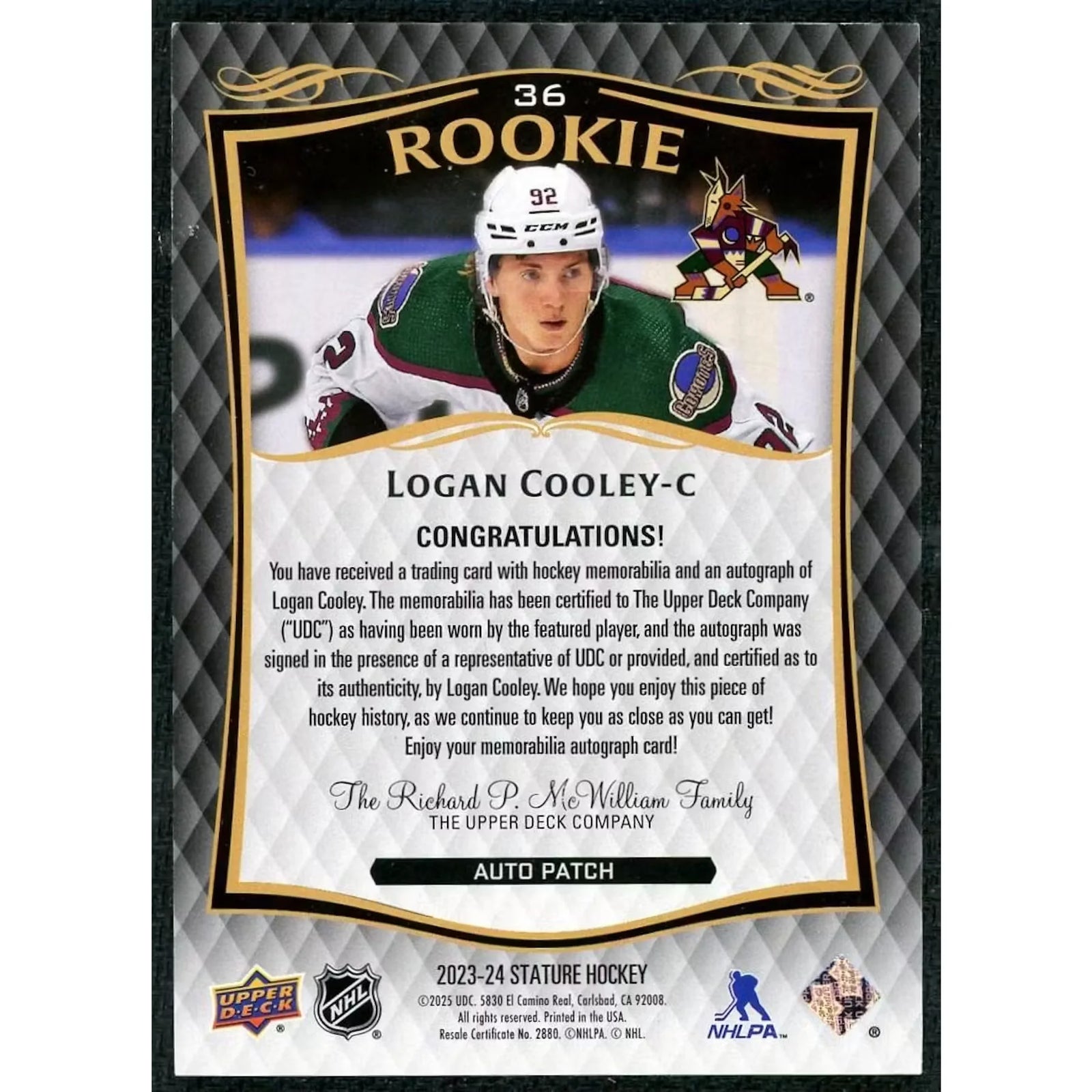 Logan Cooley Signed Patch Auto Card | 2023-24 Upper Deck Stature/49
