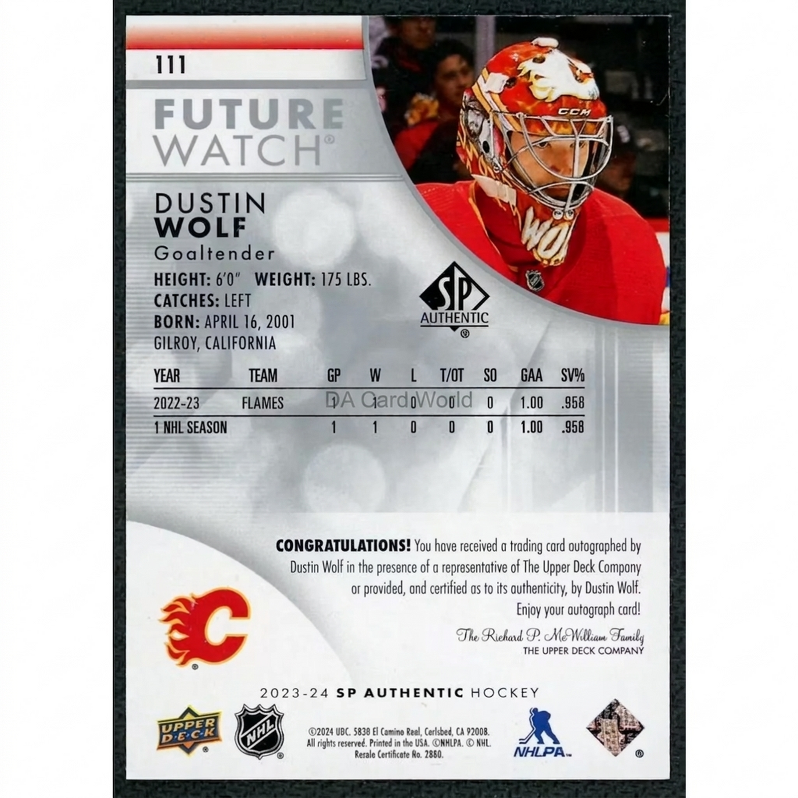 Dustin Wolf Signed 2023-24 Upper Deck SP Authentic Future Watch Auto |/999
