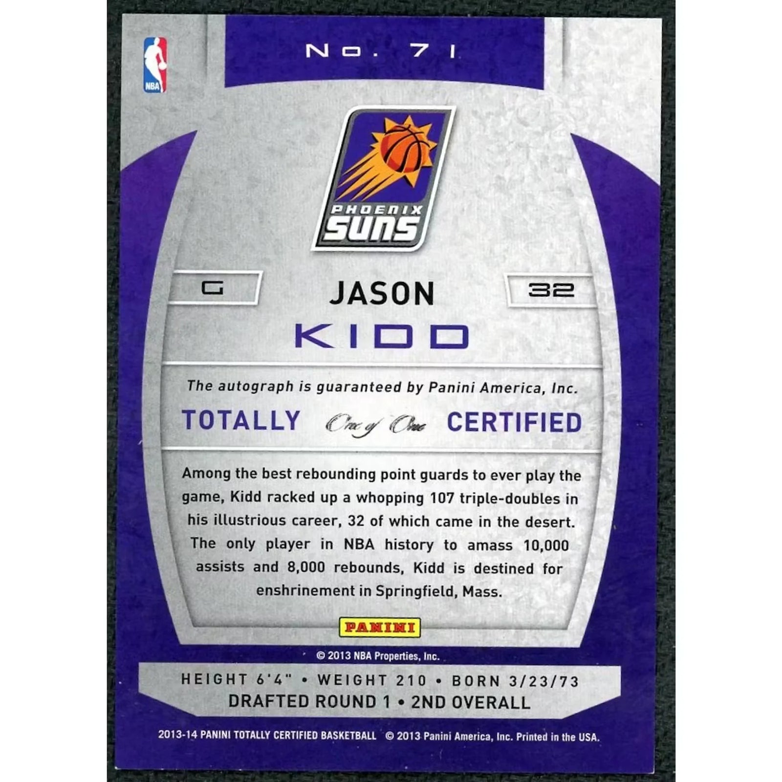 Jason Kidd Signed 2013-14 Panini Totally Certified Card | 1/1 Black Signatures