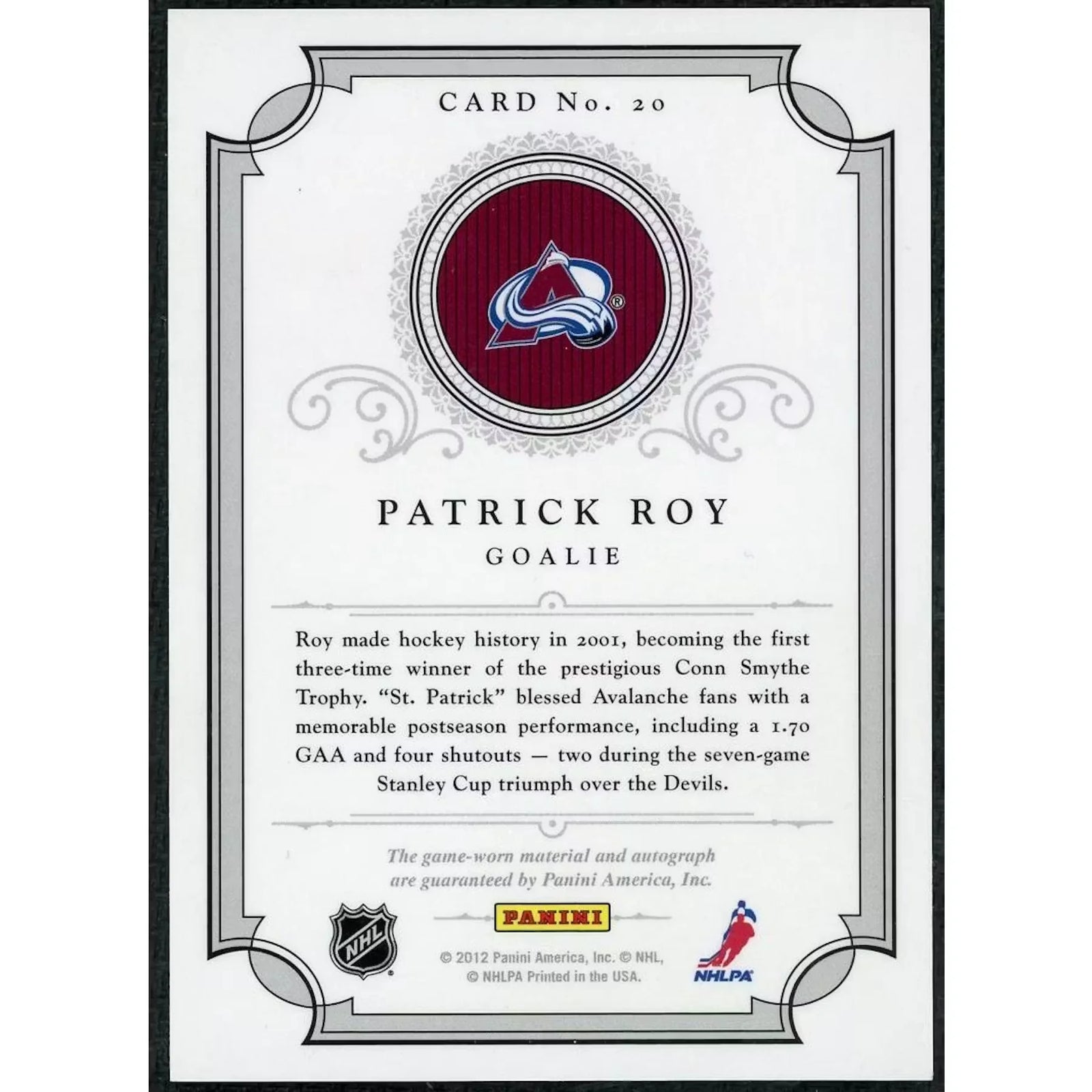 Patrick Roy Signed 2012-13 Panini Dominion Card | Peerless Patches Auto/25