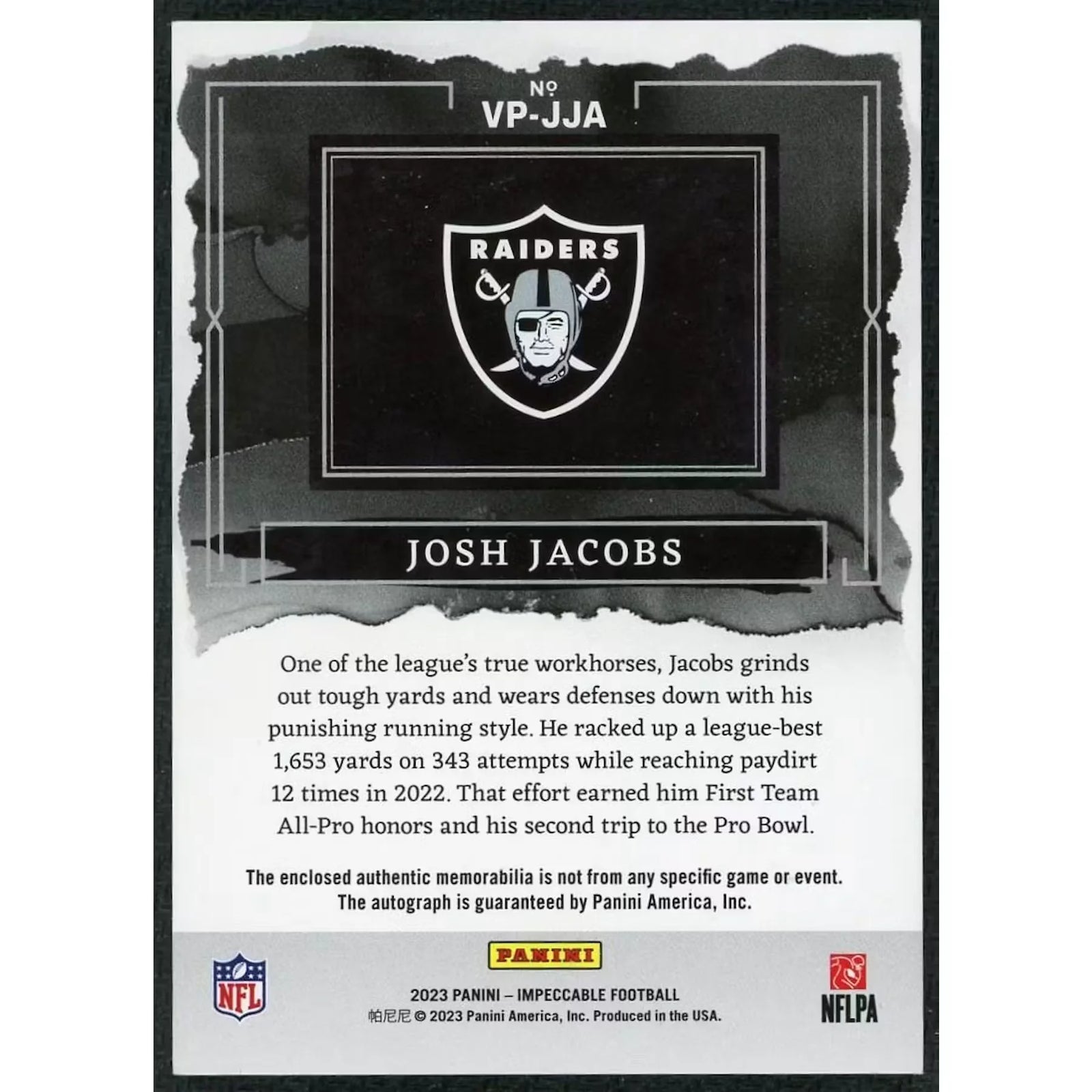 Josh Jacobs Signed 2023 Panini Impeccable Card | 1/1 Elegance Patch Auto
