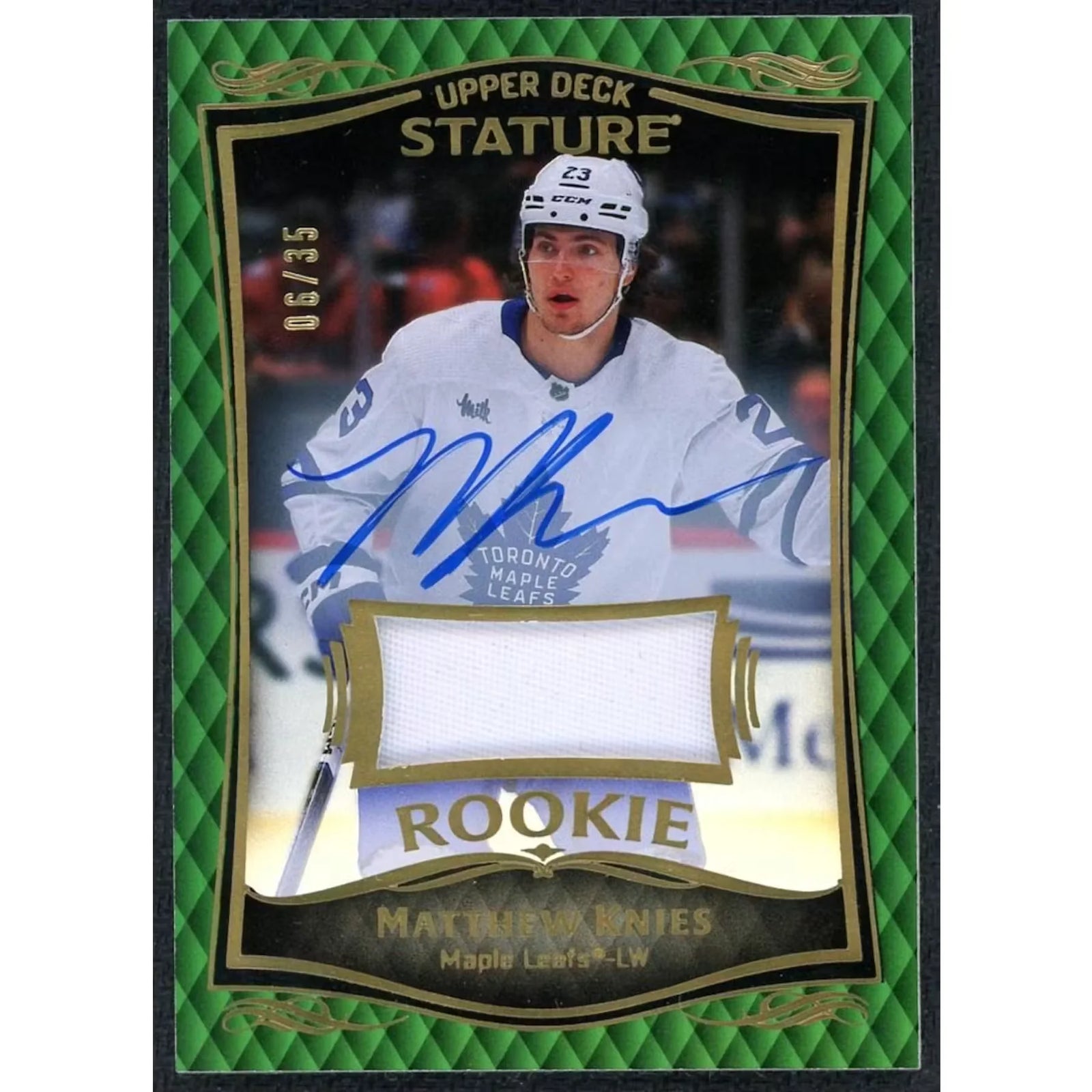 Matthew Knies Signed Rookie Patch Auto Card | 2023-24 Upper Deck Stature Green/35