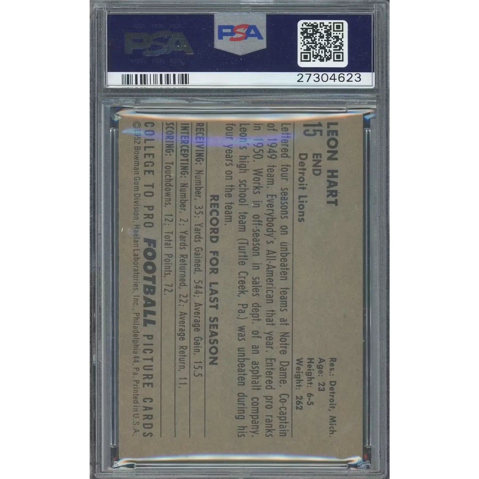 Leon Hart 1952 Bowman Large #15 Card | PSA 6