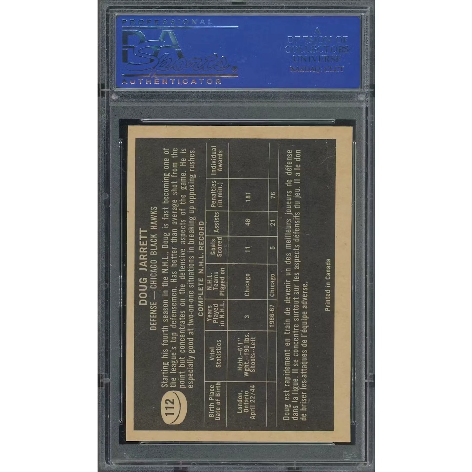 1967-68 Topps #112 Doug Jarrett Hockey Card | PSA 9