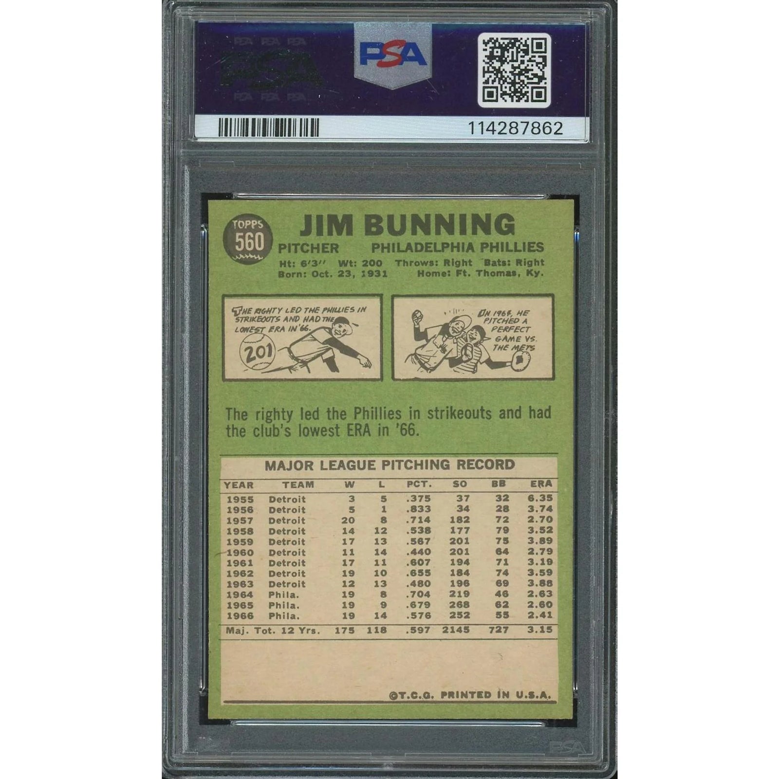 Jim Bunning 1967 Topps #560 Baseball Card | PSA 8