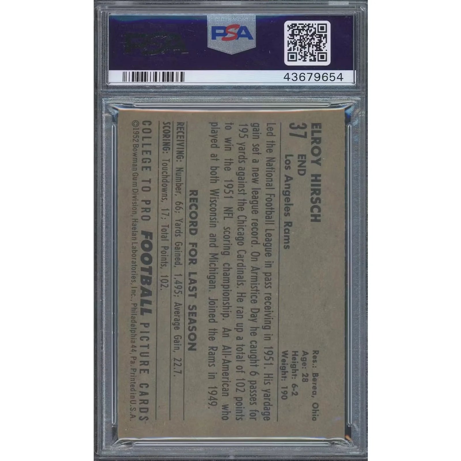 1952 Bowman Large #37 Elroy Hirsch | PSA 6