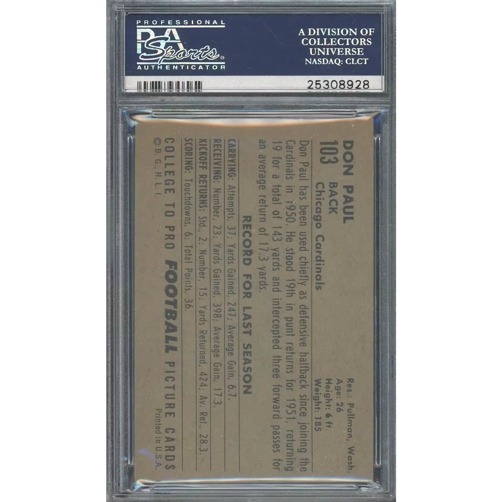 1952 Bowman Large #103 Don Paul Baseball Card | PSA 7