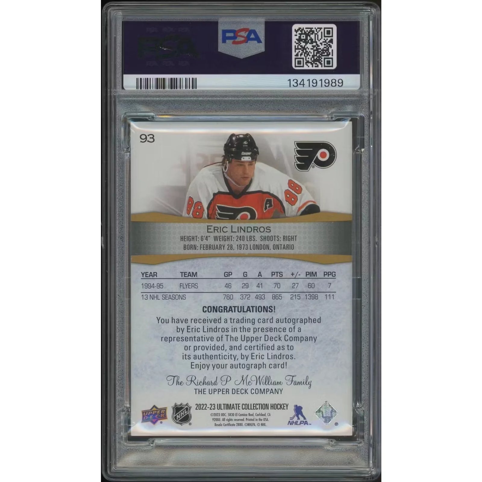 Eric Lindros Signed 2022-23 Ultimate Collection Hockey Card #93 | PSA 6 EX-MT