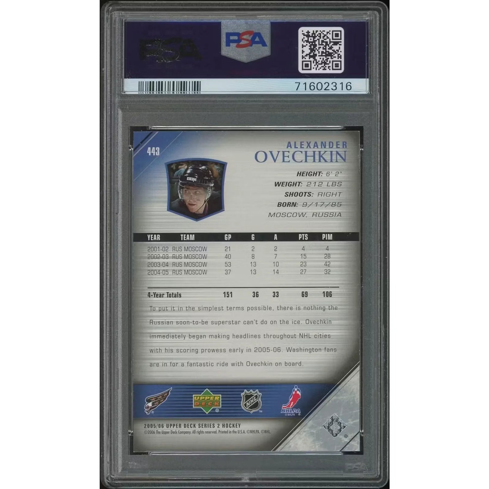 Alexander Ovechkin 2005-06 Upper Deck Young Guns Rookie | PSA 8.5 #443
