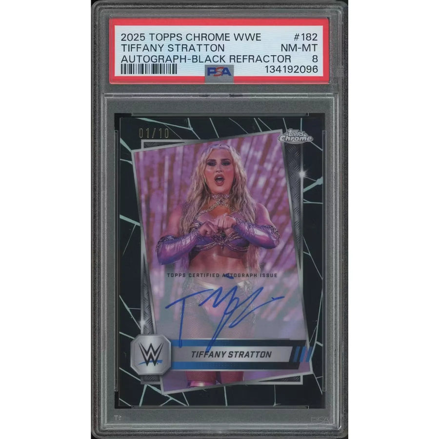 Tiffany Stratton 2025 Topps Chrome WWE #182 Black Refractor Auto | PSA 8