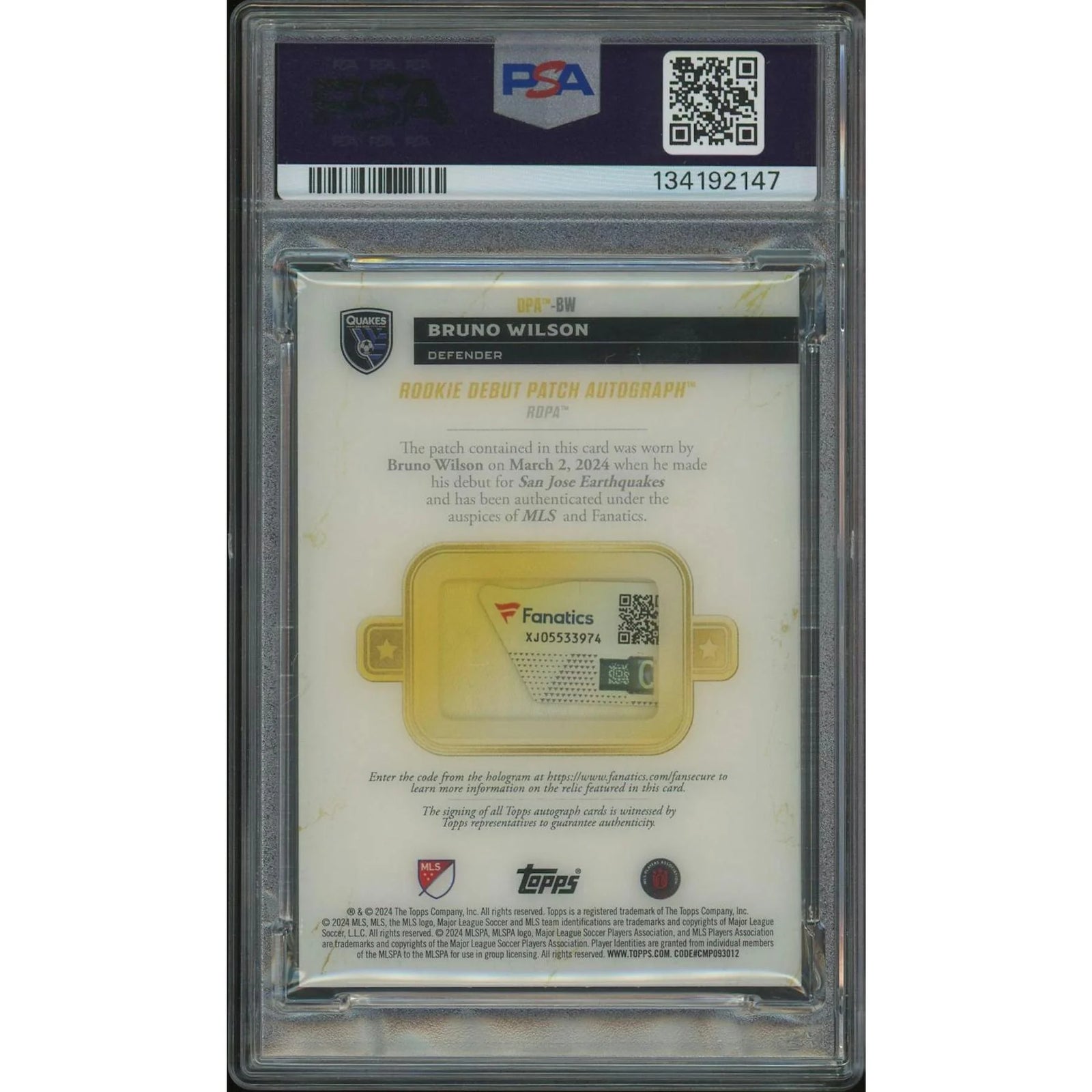Bruno Wilson 2024 Topps Chrome MLS Rookie Debut Patch Auto #1/1 | PSA 8