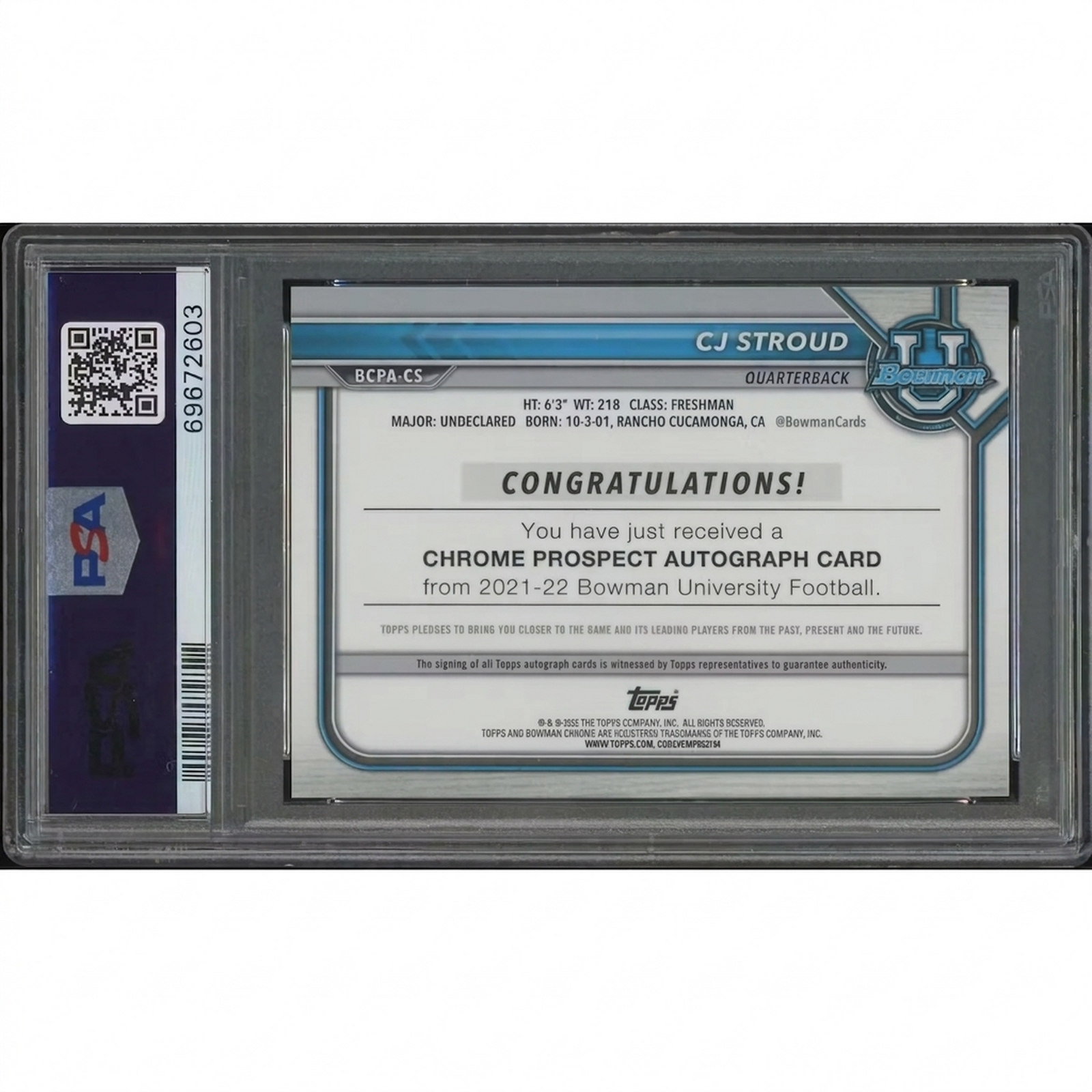 CJ Stroud Signed 2021 Bowman Chrome Rookie #19 Card | Orange Shimmer PSA 9