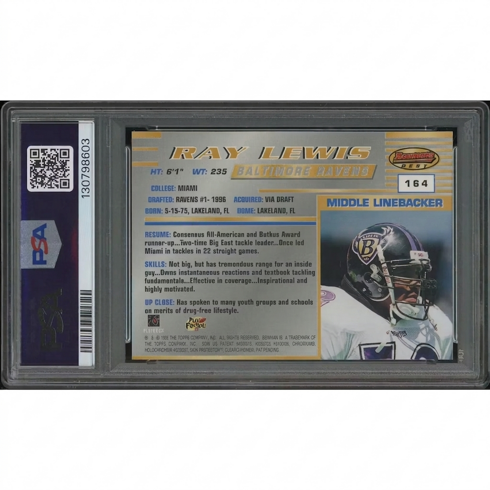 Ray Lewis 1996 Bowman's Best Football Rookie Card #164 | PSA 9 MINT