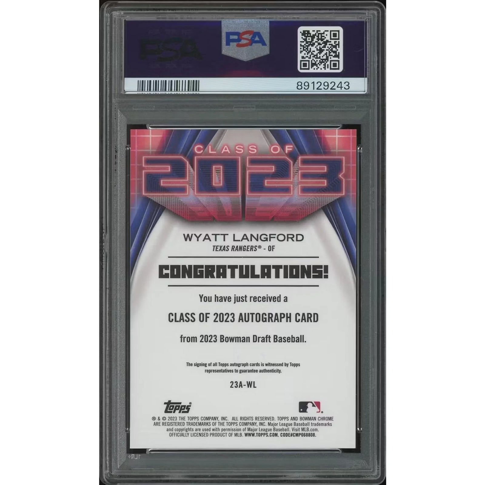 Wyatt Langford Signed 2023 Bowman Chrome Draft Rookie Card | PSA 10 Gem Mint