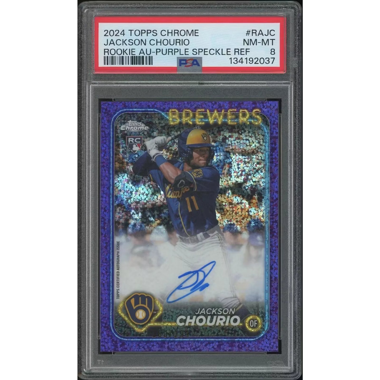 Jackson Chourio 2024 Topps Chrome Rookie Purple Speckle Refractor Auto | PSA 8 #100