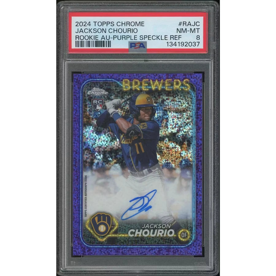 Jackson Chourio 2024 Topps Chrome Rookie Purple Speckle Refractor Auto | PSA 8 #100