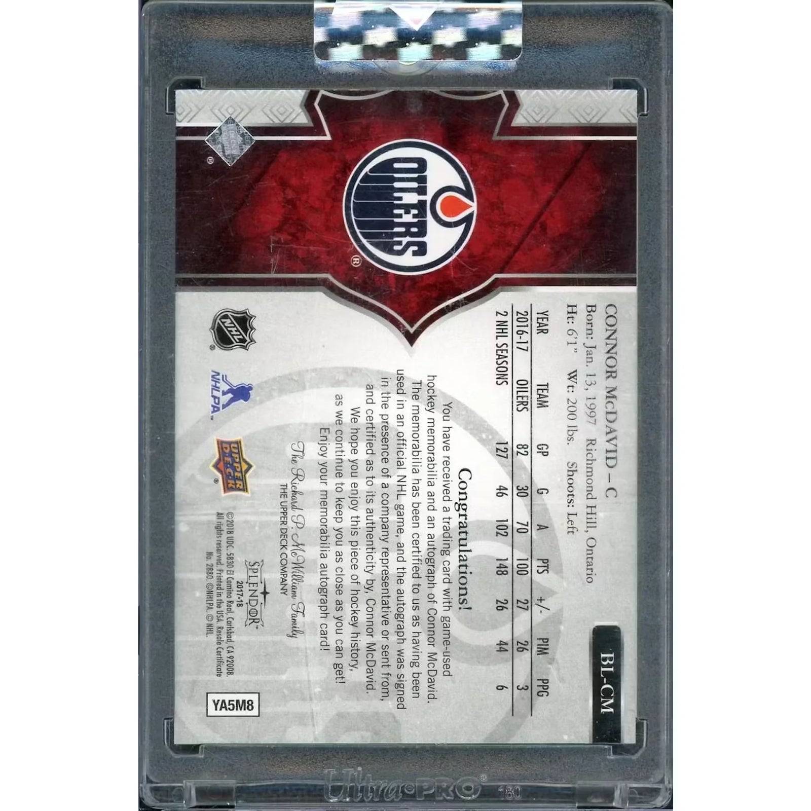 Connor McDavid Signed 2017-18 UD Splendor Card | Auto Patch/11