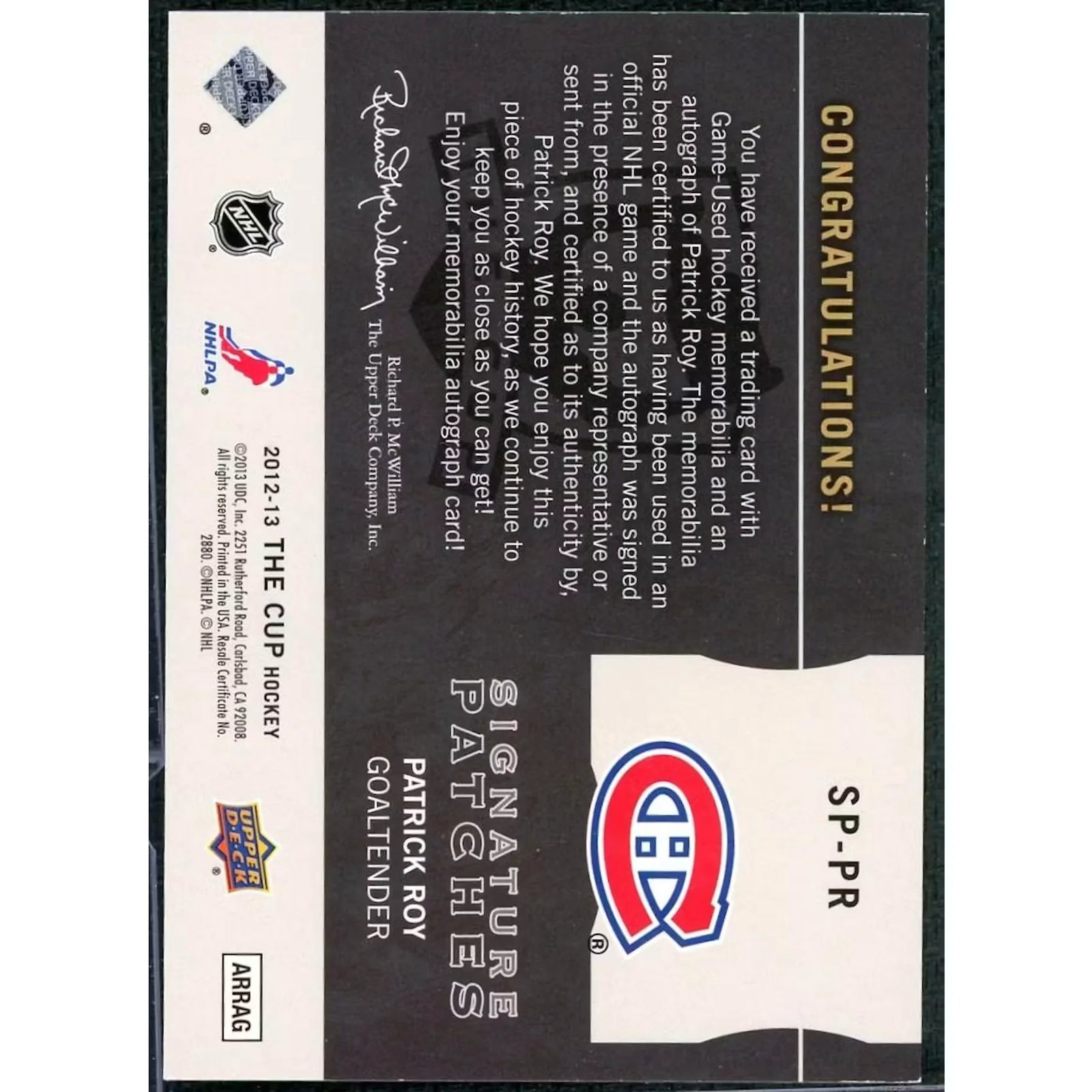 Patrick Roy Signed 2012-13 Upper Deck The Cup Card | Signature Patches/15