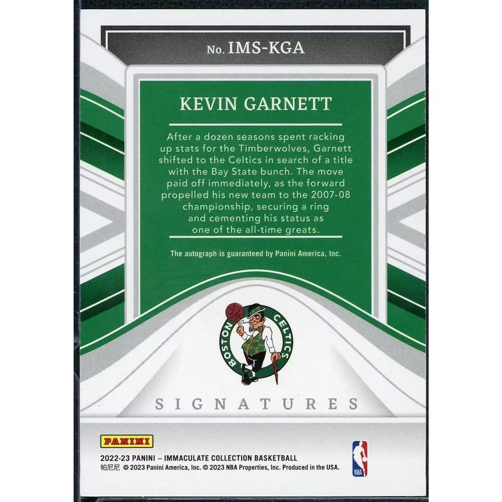 Kevin Garnett Signed 2022-23 Panini Immaculate Card |/75