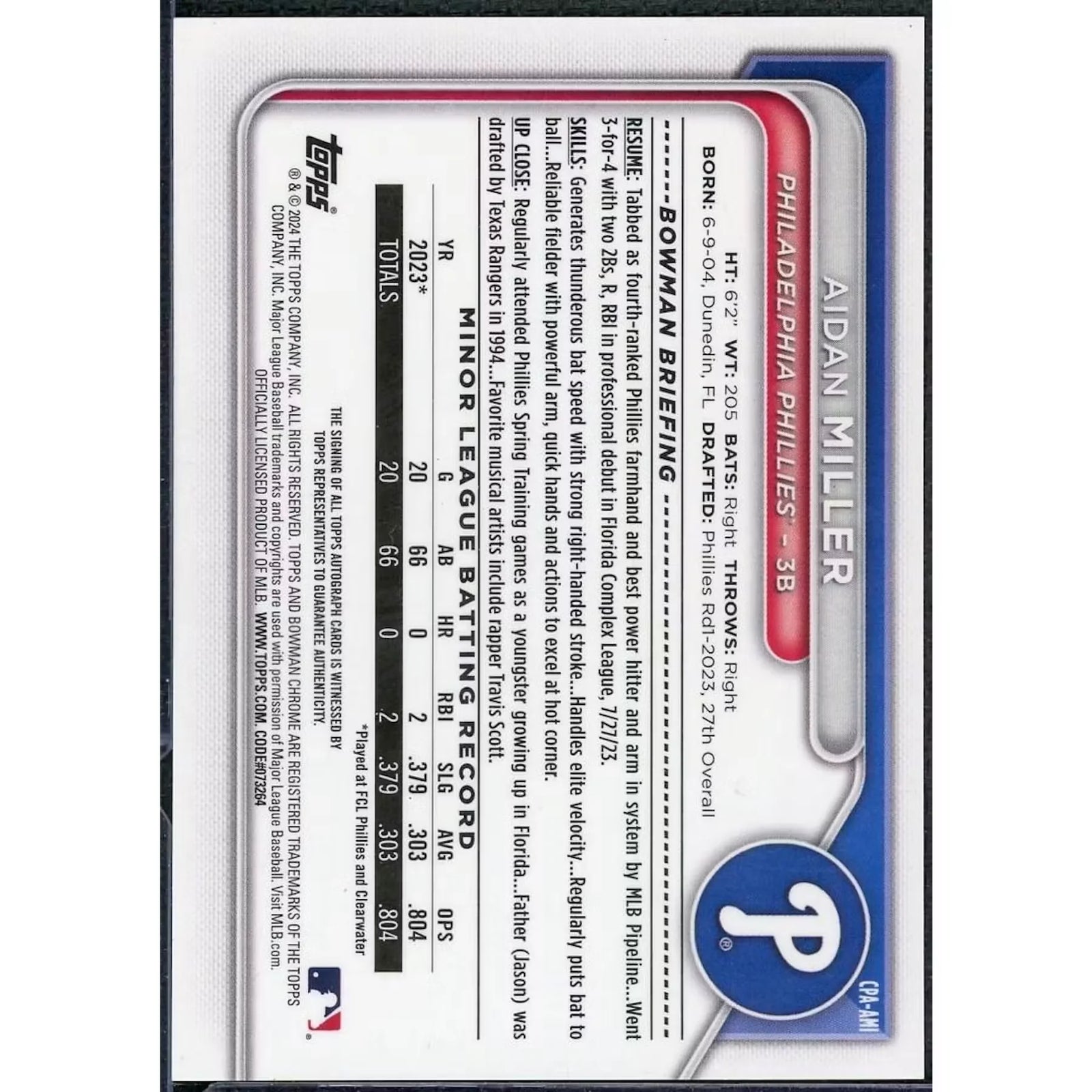 Aidan Miller Signed 2024 Bowman Chrome Card | 1st Bowman Auto Yellow/75