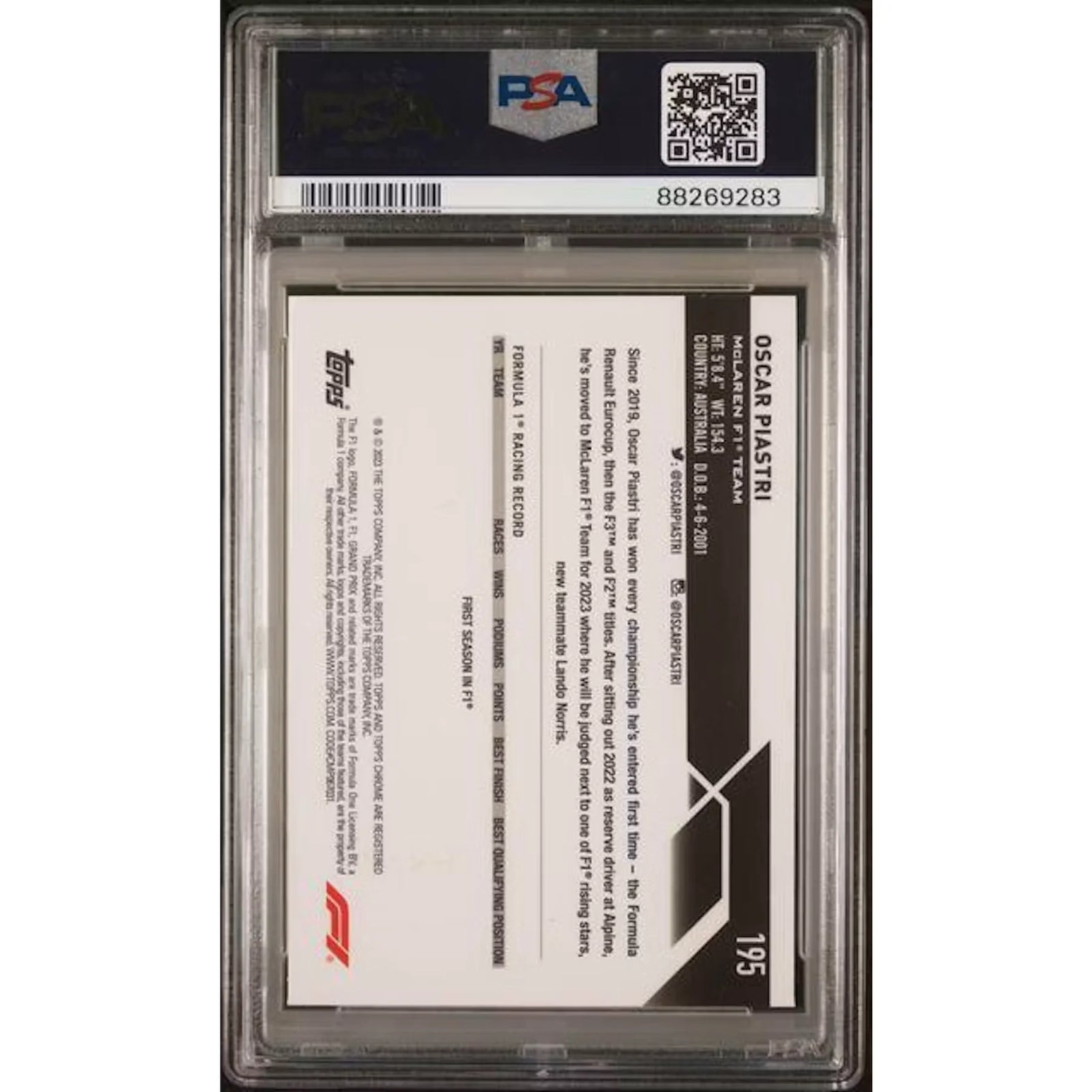 Oscar Piastri 2023 Topps Chrome F1 #195 Mini Diamond Card | PSA 10