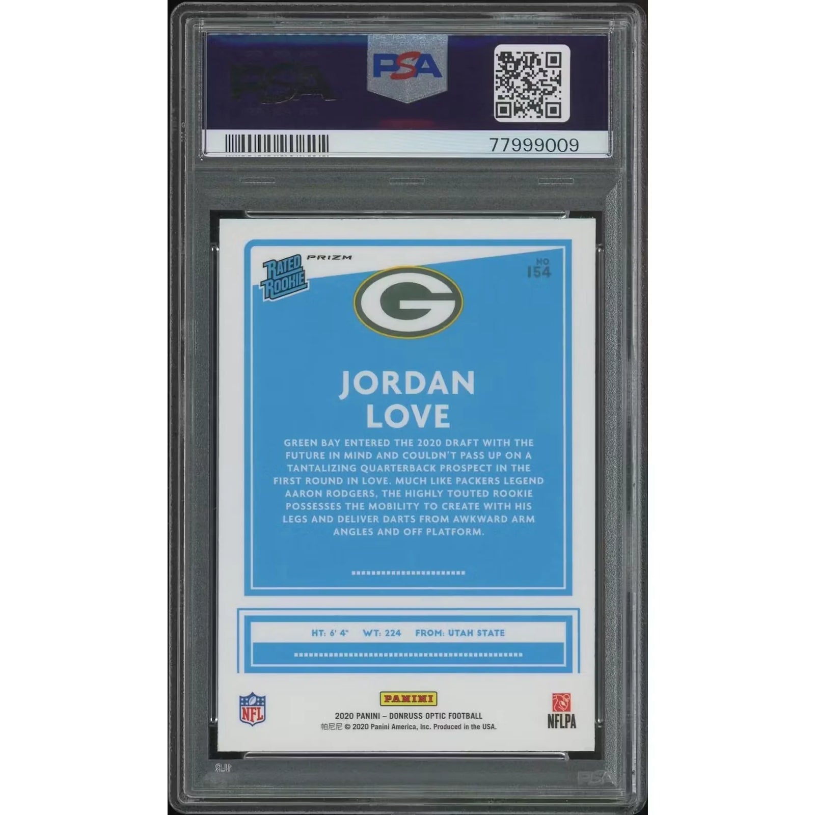 Jordan Love 2020 Donruss Optic #154 Holo Rookie | PSA 10 Gem Mint