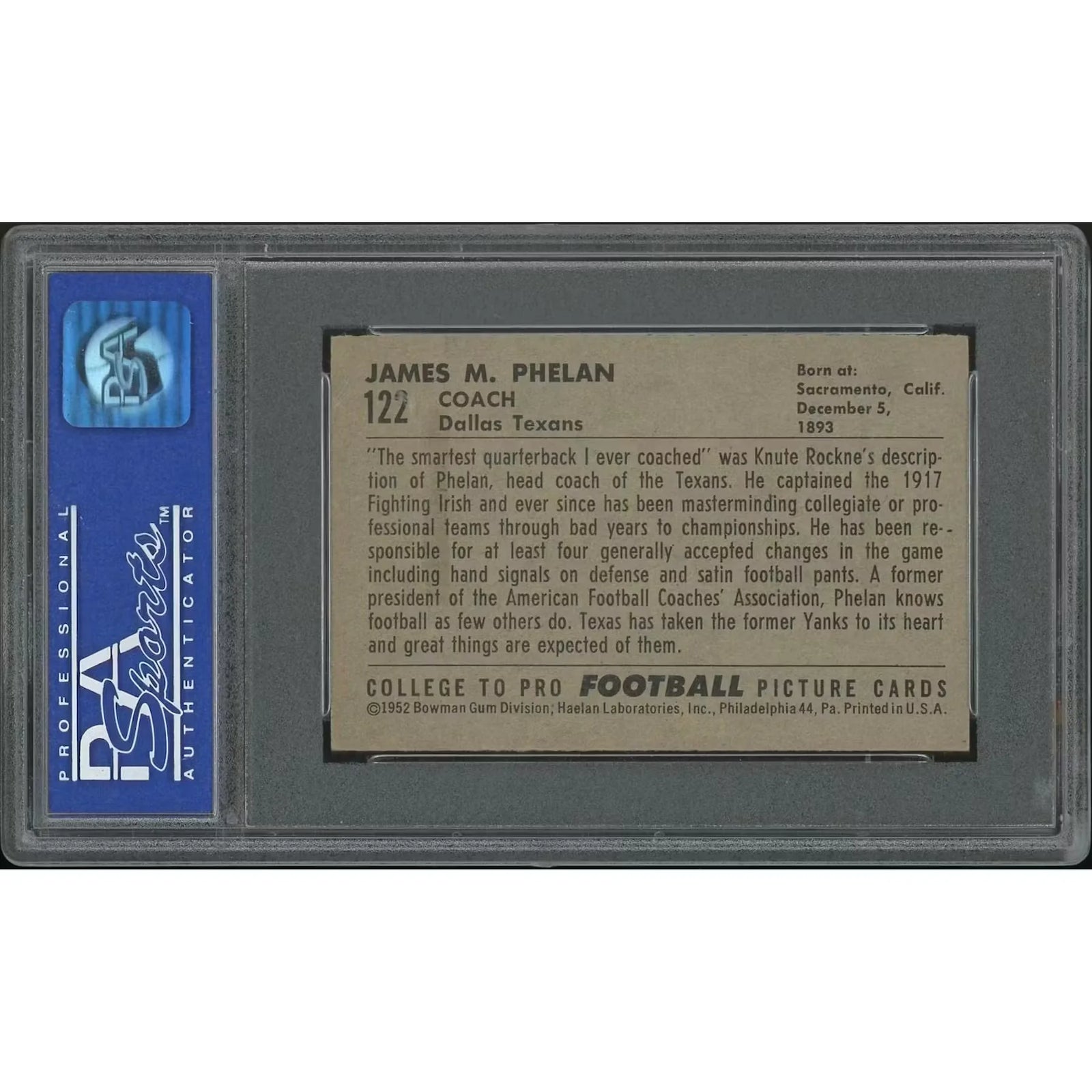 1952 Bowman Small Football #122 Jimmy Phelan Rookie | PSA 5