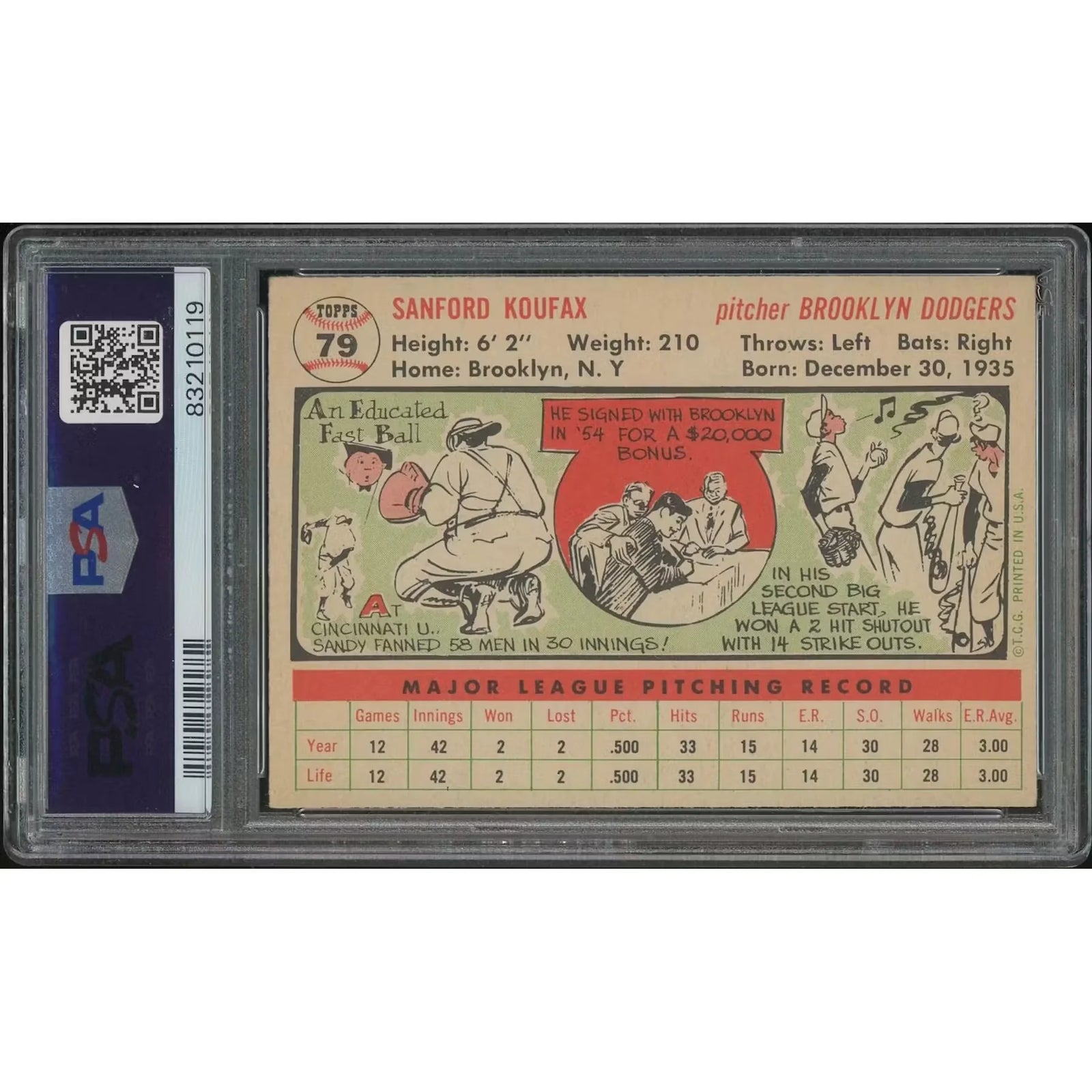 Sandy Koufax 1956 Topps Baseball #79 White Back | PSA 6 EX-MT