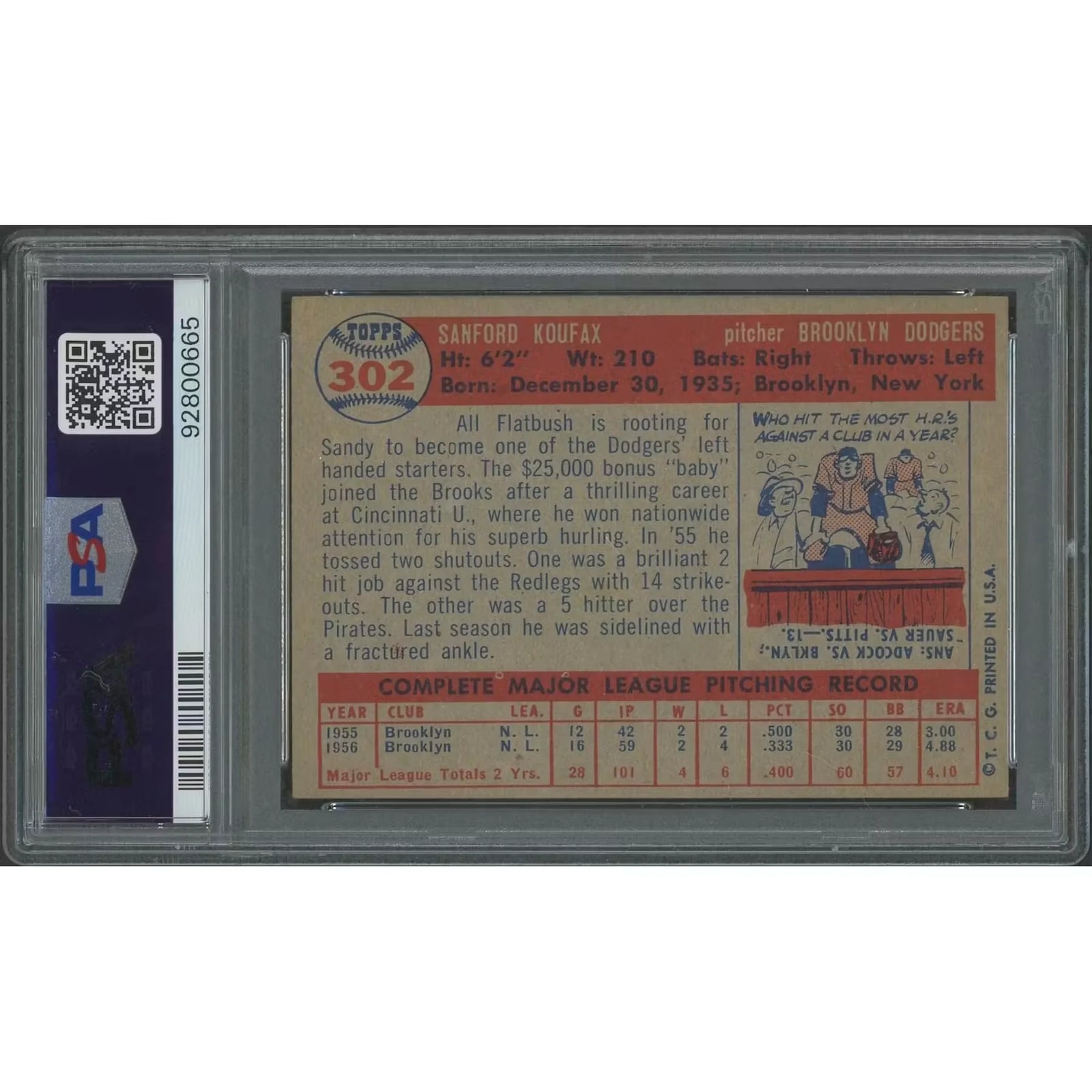 Sandy Koufax 1957 Topps Baseball #302 | PSA 6 EX-MT