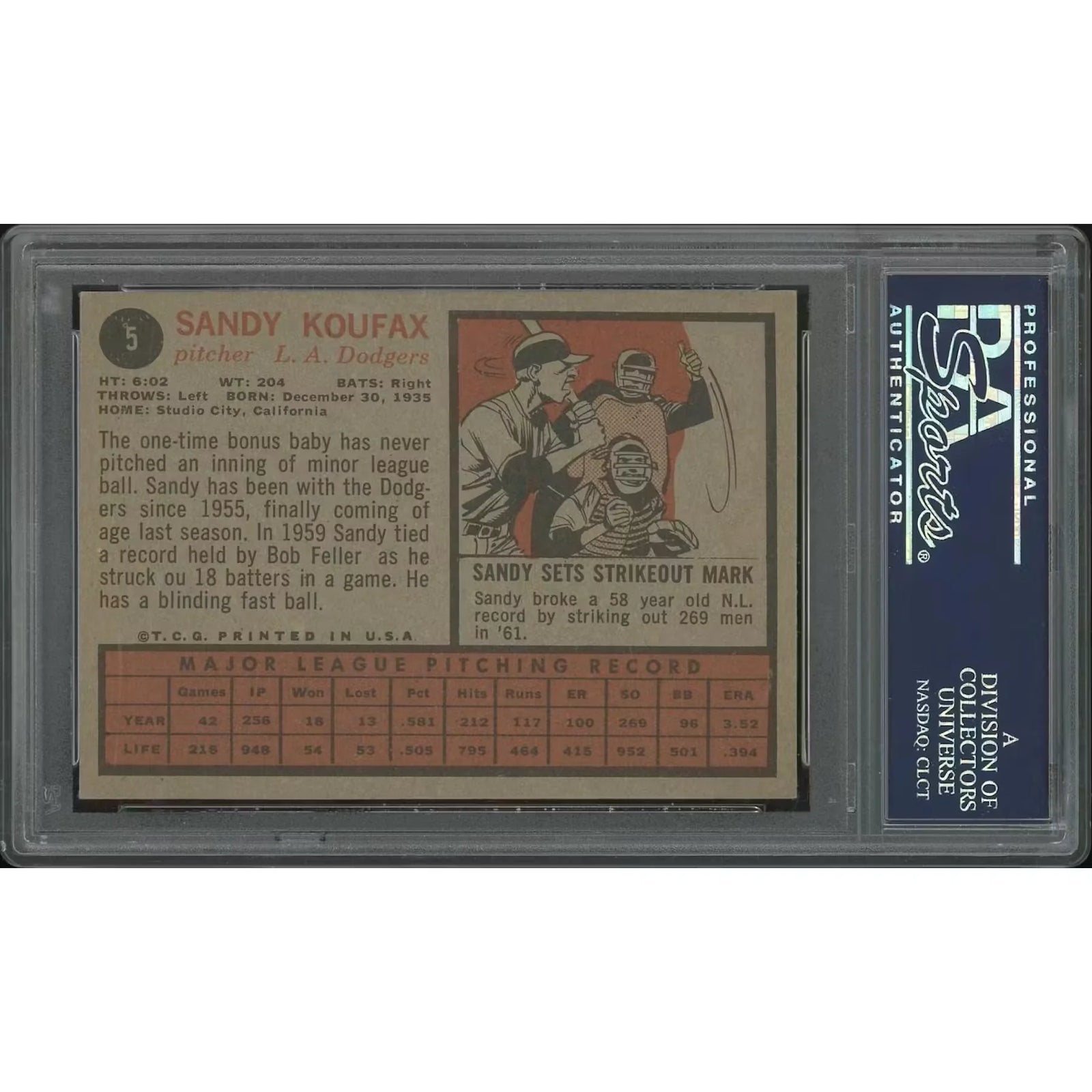 Sandy Koufax 1962 Topps Baseball #5 | PSA 6 EX-MT