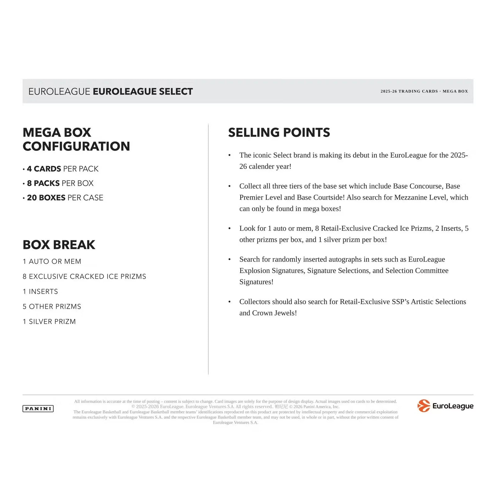 2025 26 Panini Select EuroLeague Basketball Mega Hobby Box Presell