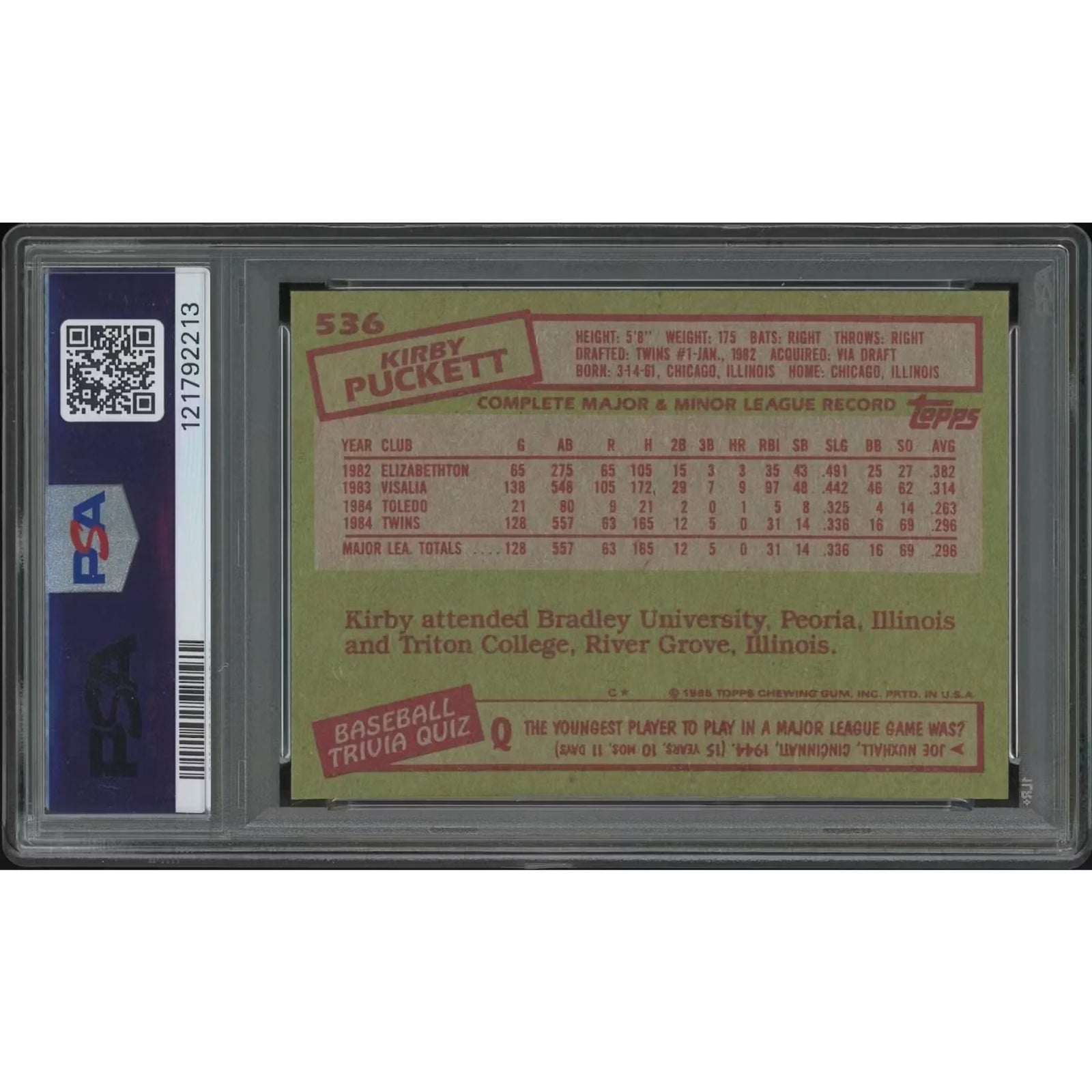 1985 Topps Baseball #536 Kirby Puckett Rookie Card | PSA 9 MINT