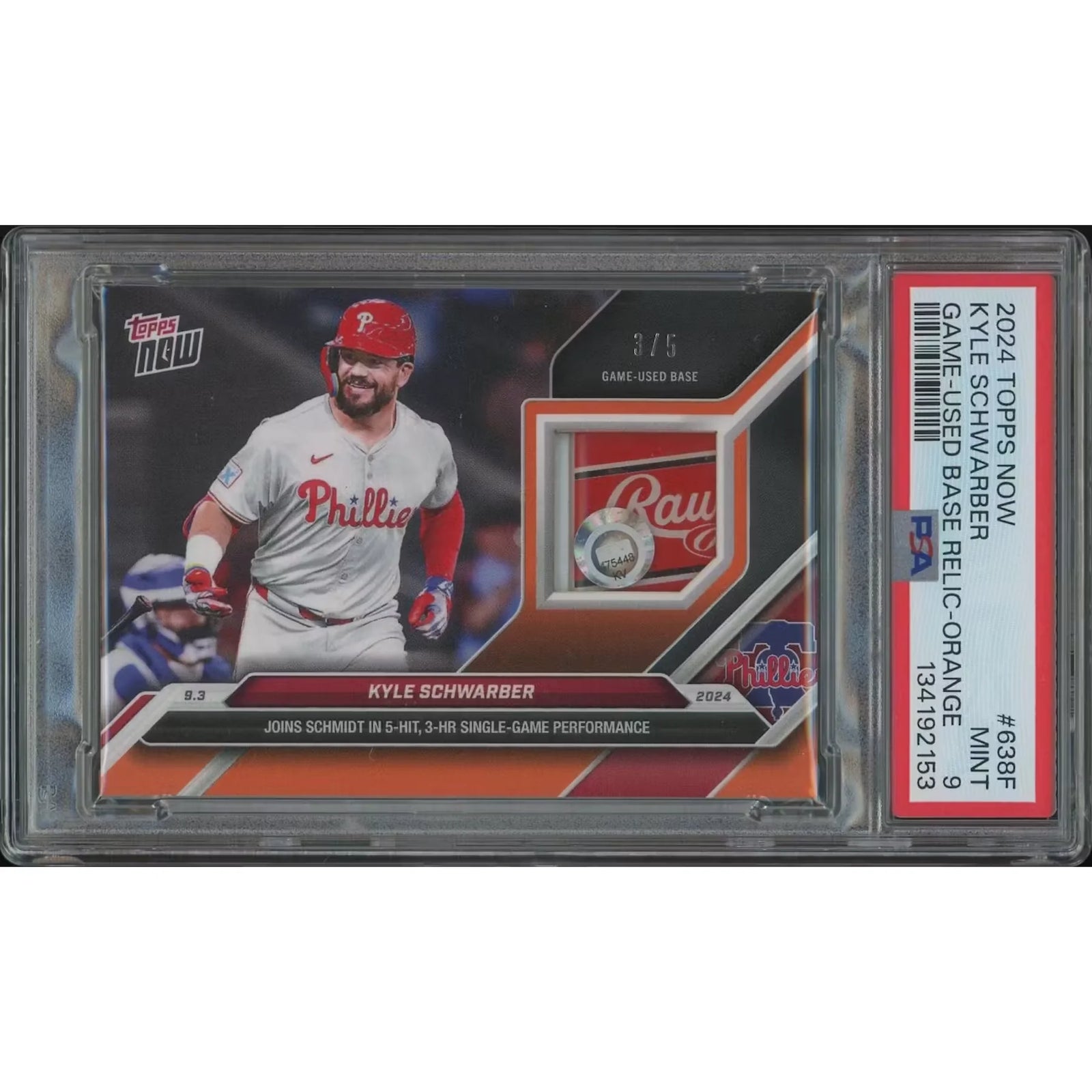Kyle Schwarber Signed 2024 Topps Now Game-Used Base Relic | PSA 9 Orange #3/5