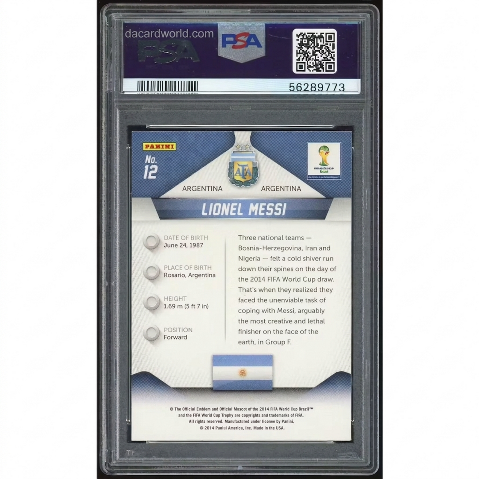 Lionel Messi Signed 2014 Panini Prizm World Cup Brazil #12 | PSA 10