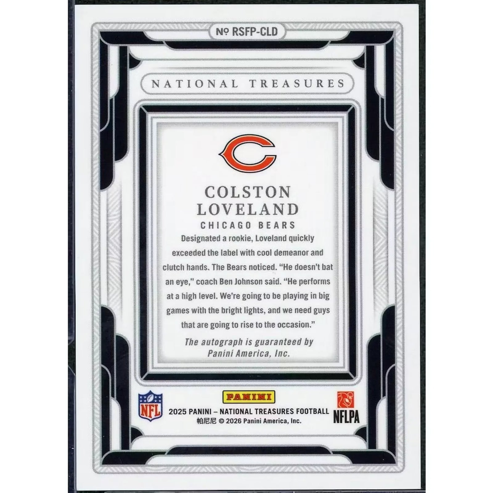 Colston Loveland Signed 2025 Panini National Treasures Rookie Auto | Gold/25