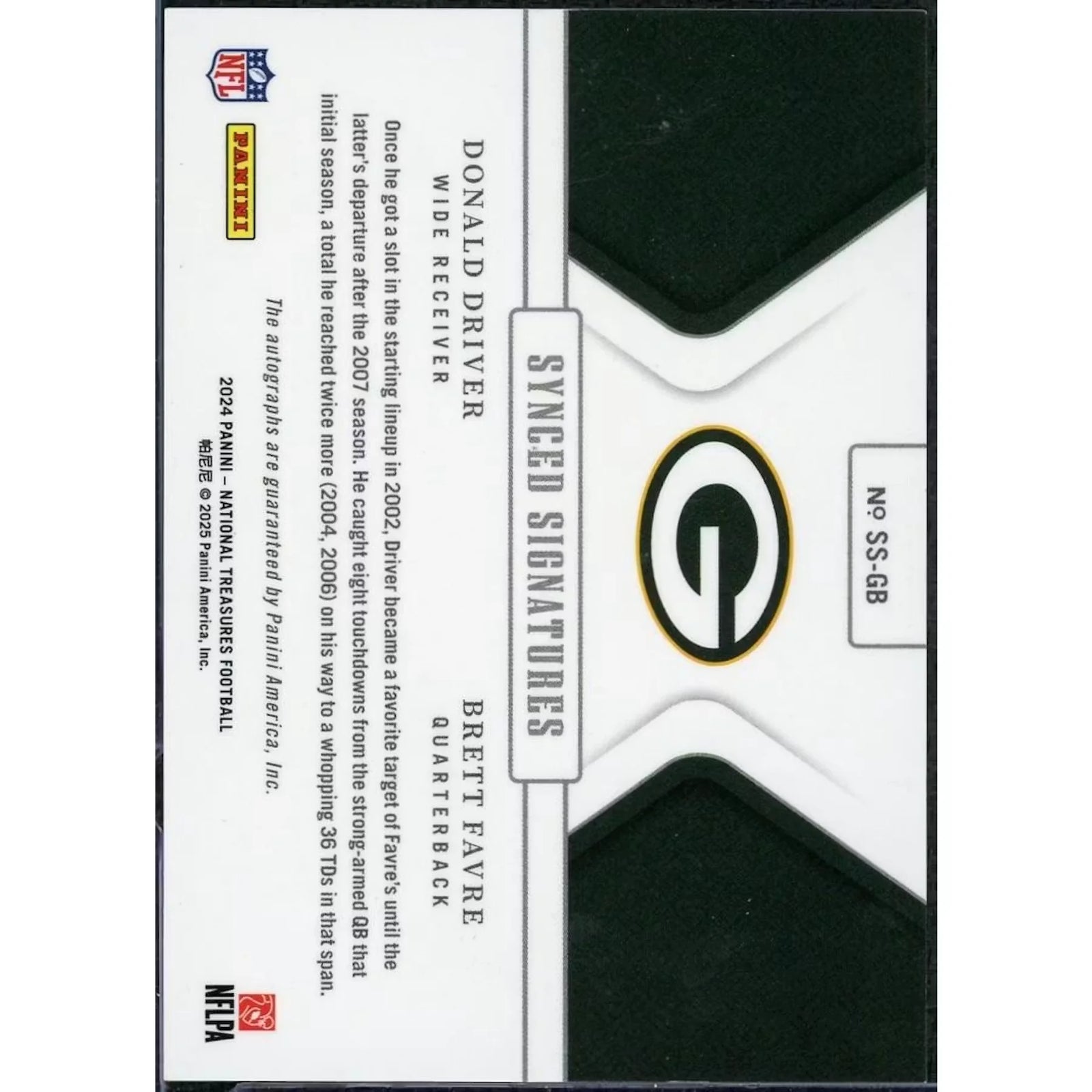 Donald Driver & Brett Favre Signed Card | 2024 Panini National Treasures Dual Auto/99