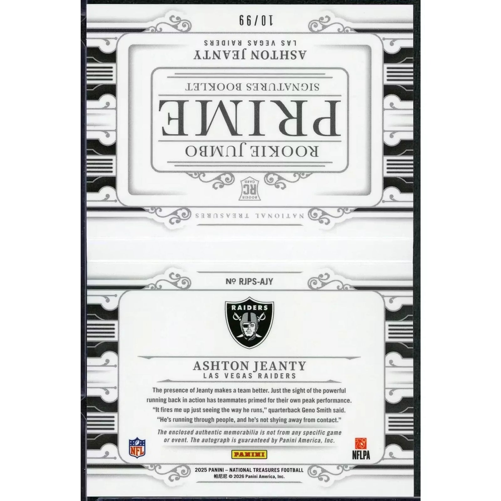 Ashton Jeanty Signed Rookie Prime Signature Booklet | 2025 National Treasures/99
