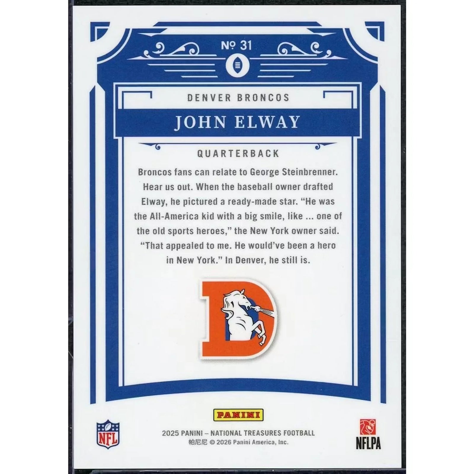 John Elway Signed 2025 Panini National Treasures Card | 1/1