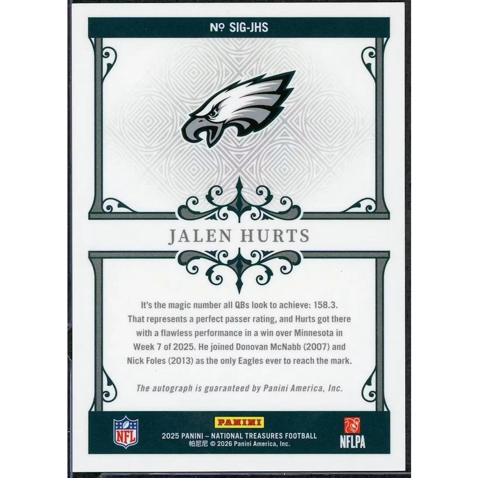 Jalen Hurts Signed 2025 Panini National Treasures Card | Auto/10