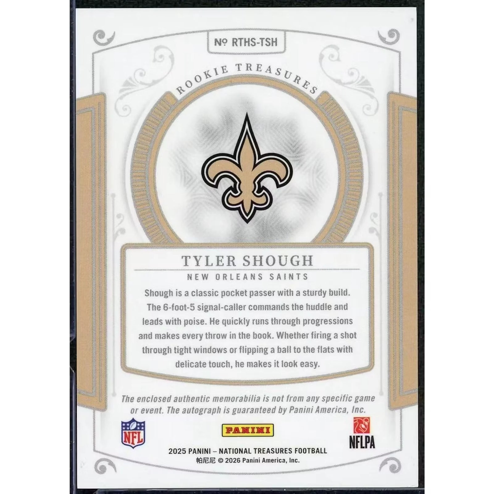 Tyler Shough 2025 Panini National Treasures Rookie Patch Auto |/25