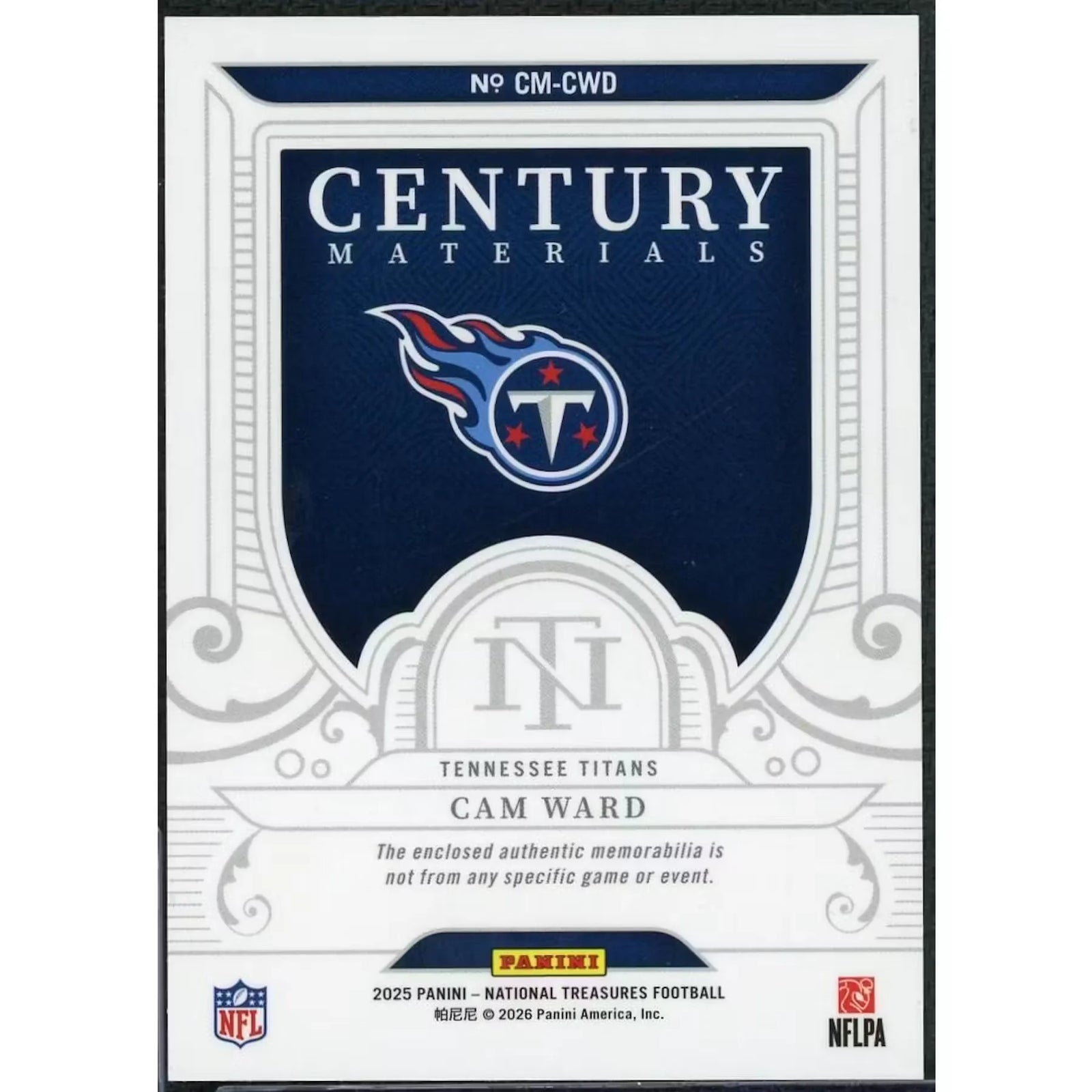 Cam Ward 2025 Panini National Treasures Rookie Century Materials Gold/10