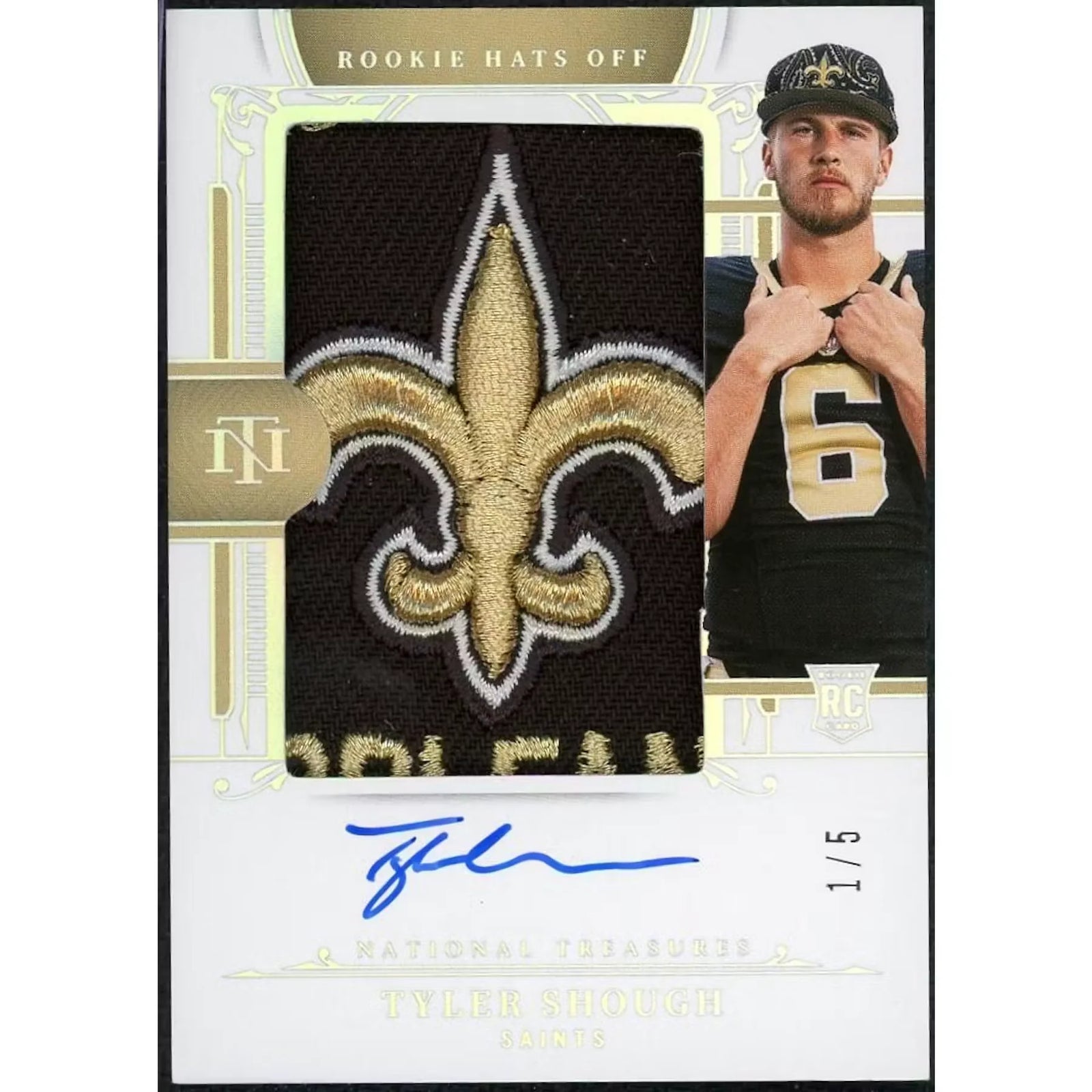 Tyler Shough 2025 National Treasures Rookie Hats Off Patch Auto |/5