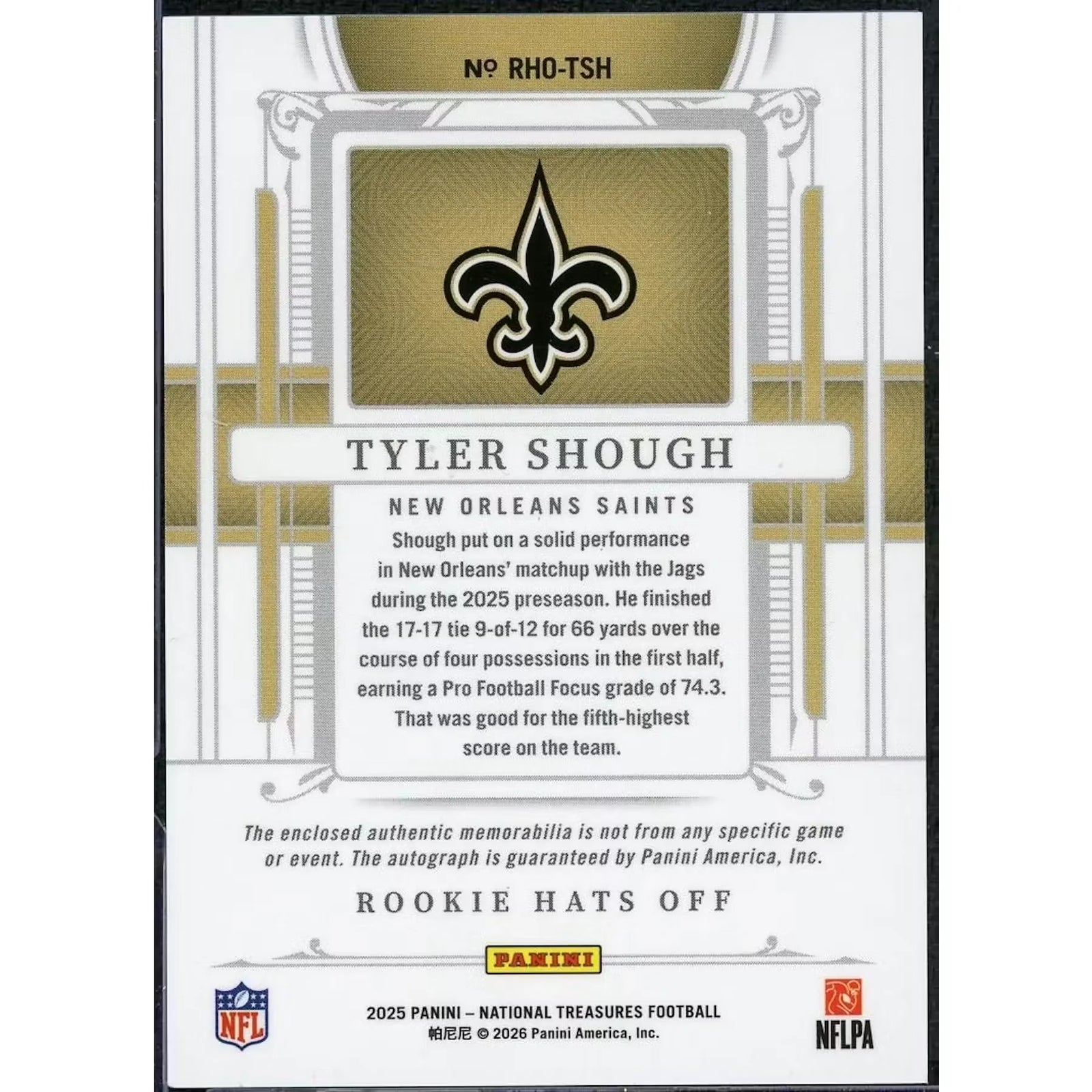 Tyler Shough 2025 National Treasures Rookie Hats Off Patch Auto |/5