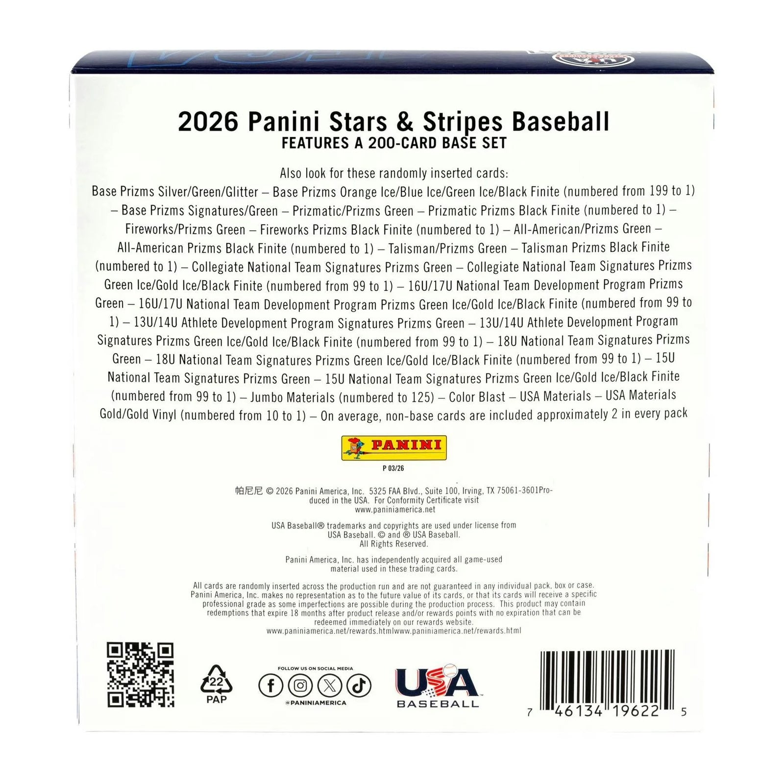 DRAFT - 2026 Panini USA Stars & Stripes Prizm Baseball Mega 20-Box Case $999.95 $979.95 Add to Cart