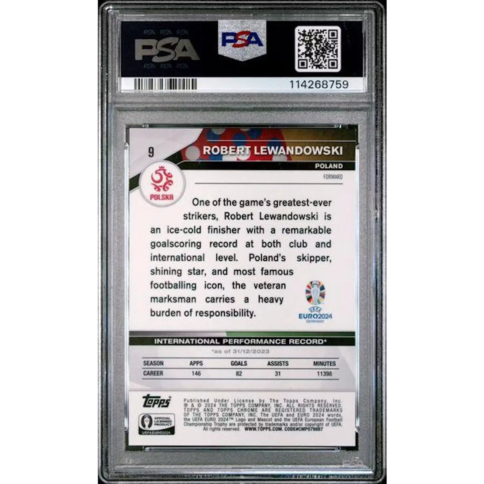 Robert Lewandowski Signed 2024 Topps Chrome UEFA Euro Card | PSA 10