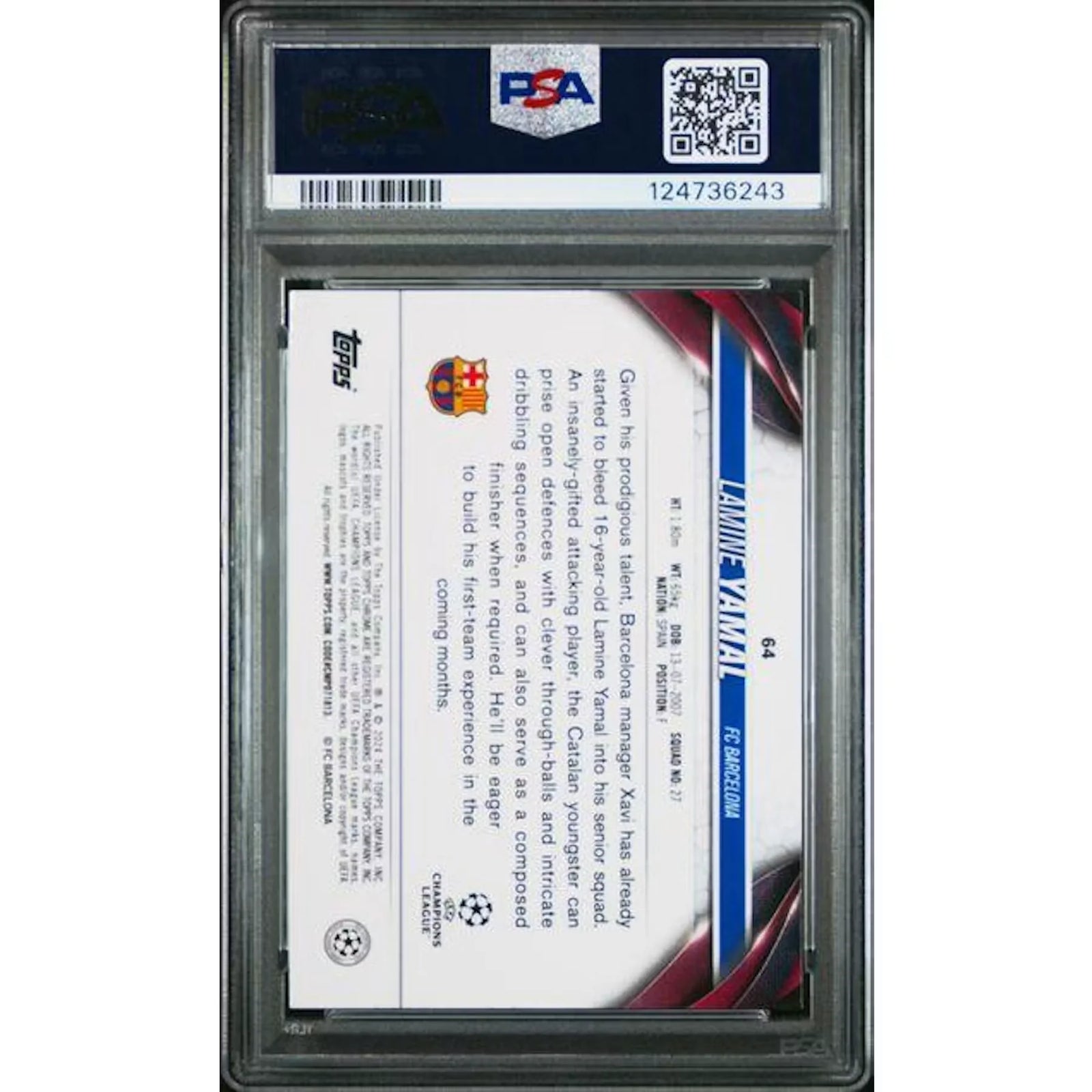 Lamine Yamal Signed 2023-24 Topps Chrome Sapphire Rookie Card | PSA 9 Orange/25